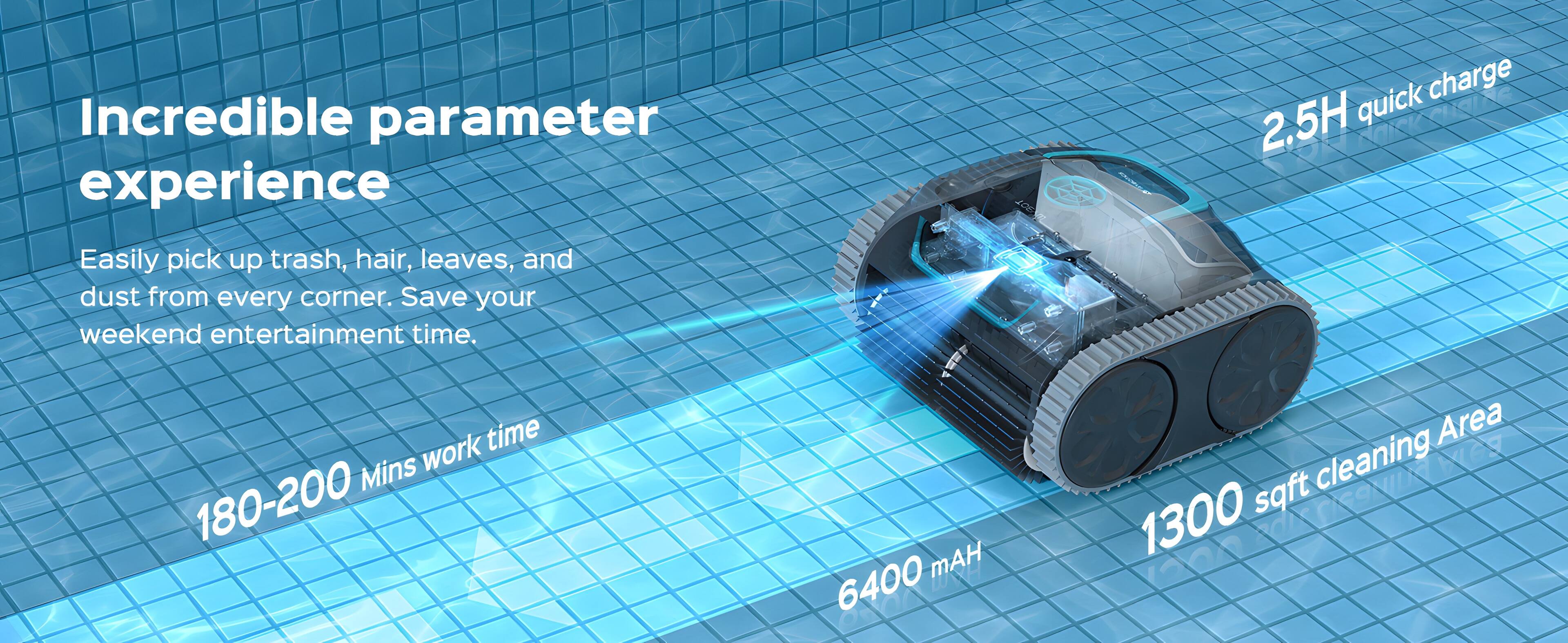 Incredible Parameter Experience: Quick Charge HSING 2.5H - Easily pick up trash, hair, leaves, and dust from every corner. Save your weekend entertainment time. Work time: 180-200 mAH - 6400 Area cleaning: 1300 sqft.