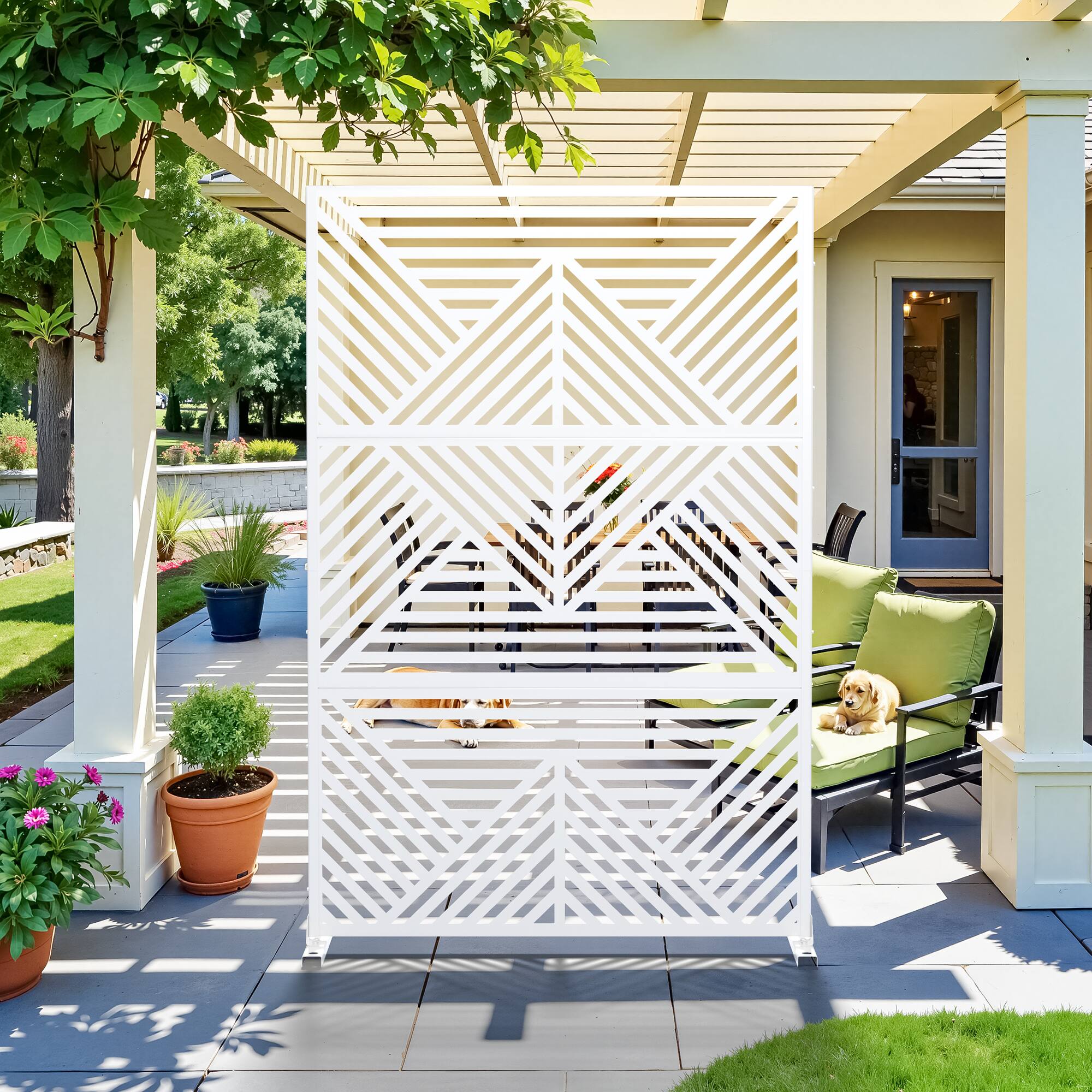 Alt View 9. PexFix - 72 in. x 47 in. Zodiac Pattern Metal Outdoor Privacy Screen & Panels, Freestanding Garden Divider Fence - White.