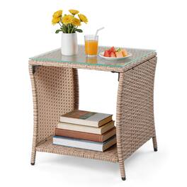Winado - 18in Gradient Wicker Rattan Side Table with Glass Patio for Indoor Outdoor Garden Furniture - Yellow & Borwn