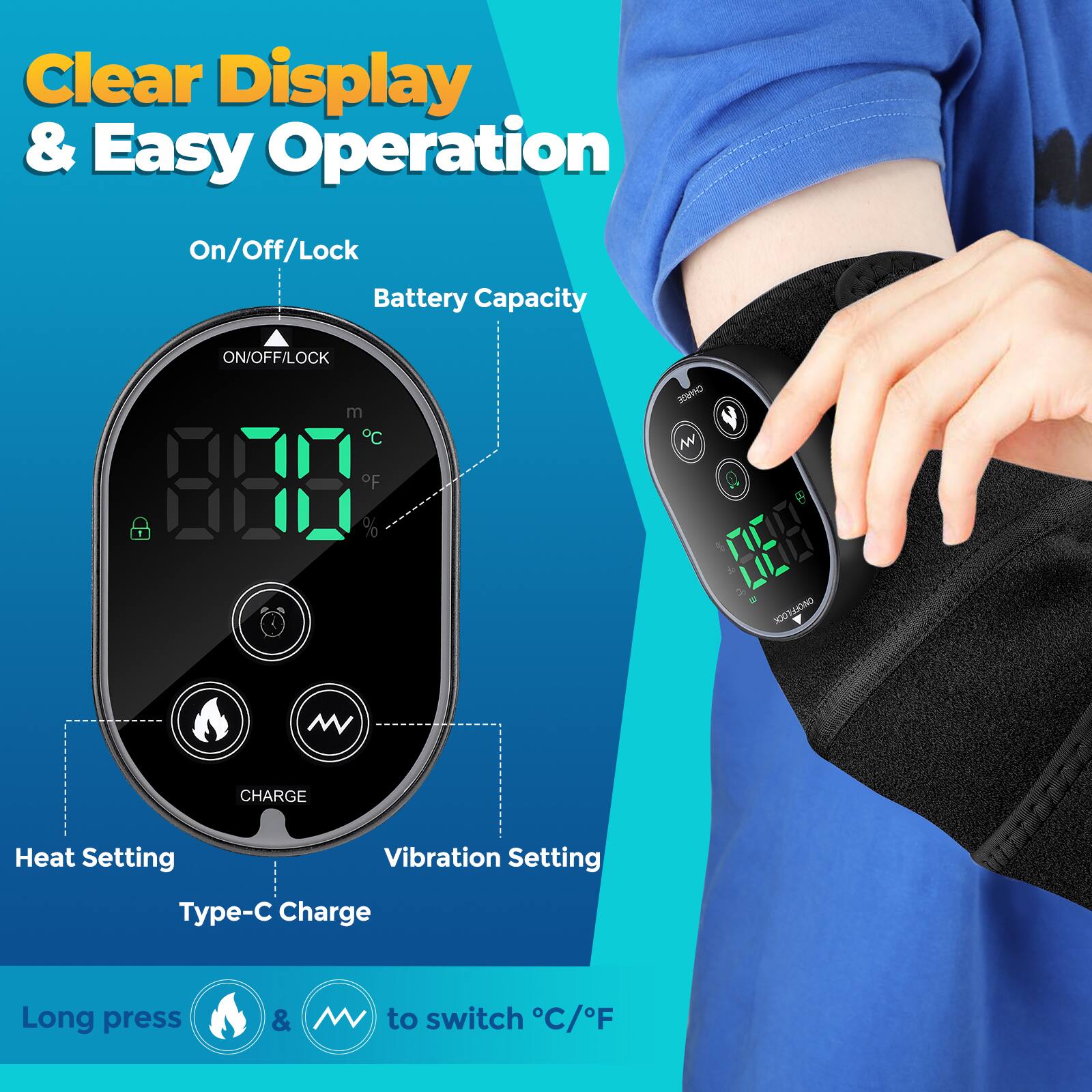 Clear Display & Easy Operation

On/Off/Lock
Battery Capacity
Heat Setting
Vibration Setting
Type-C Charge

Long press & to switch °C/°F