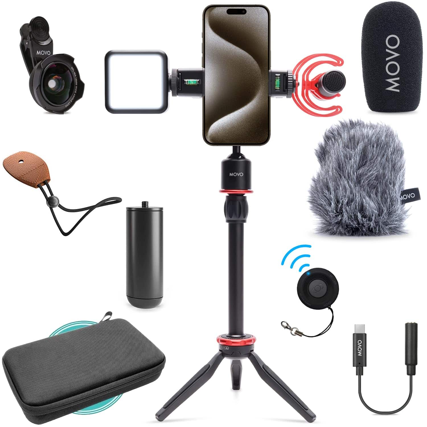 MOVO - iVlog1-IP Vlogging Kit for iPhone 15/16/17 and up (USB-C) with Microphone, Mini Tripod, LED Light, Wide-Angle Lens
