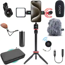 MOVO - iVlog1-IP Vlogging Kit for iPhone 15/16/17 and up (USB-C) with Microphone, Mini Tripod, LED Light, Wide-Angle Lens