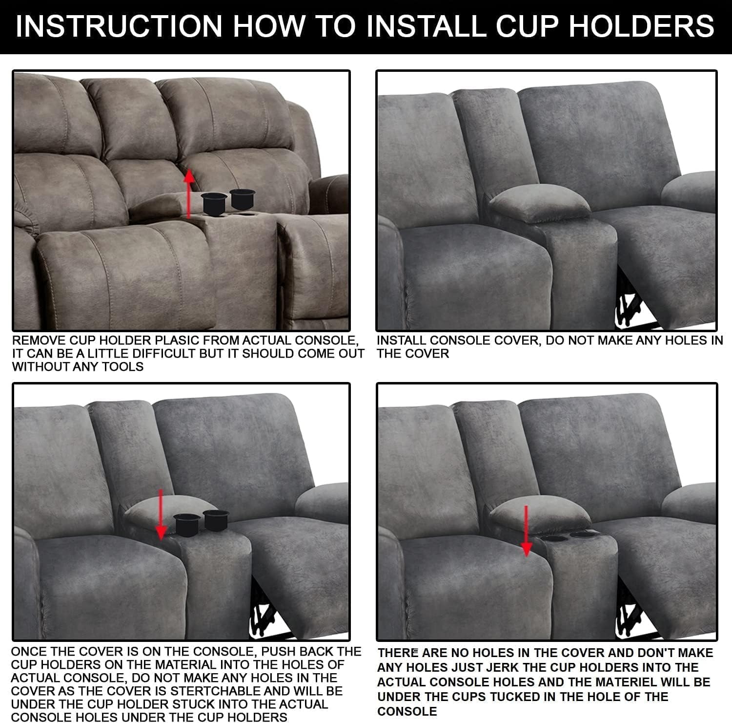 **INSTRUCTION HOW TO INSTALL CUP HOLDERS**

1. **REMOVE CUP HOLDER PLASTIC FROM ACTUAL CONSOLE**
   - It can be a little difficult but it should come out without any tools.

2. **INSTALL CONSOLE COVER, DO NOT MAKE ANY HOLES IN THE COVER**

3. **ONCE THE COVER IS ON THE CONSOLE, PUSH BACK THE CUP HOLDERS ON THE MATERIAL INTO THE HOLES OF THE ACTUAL CONSOLE. DO NOT MAKE ANY HOLES IN THE COVER AS THE COVER IS STRETCHABLE AND WILL BE UNDER THE CUPS TUCKED IN THE HOLE OF THE CONSOLE UNDER THE CUP HOLDERS**

4. **THERE ARE NO HOLES IN THE COVER AND DON'T MAKE ANY HOLES JUST JERK THE CUP HOLDERS INTO THE ACTUAL CONSOLE HOLES AND THE MATERIAL WILL BE UNDER THE CUPS TUCKED IN THE HOLE OF THE CONSOLE**