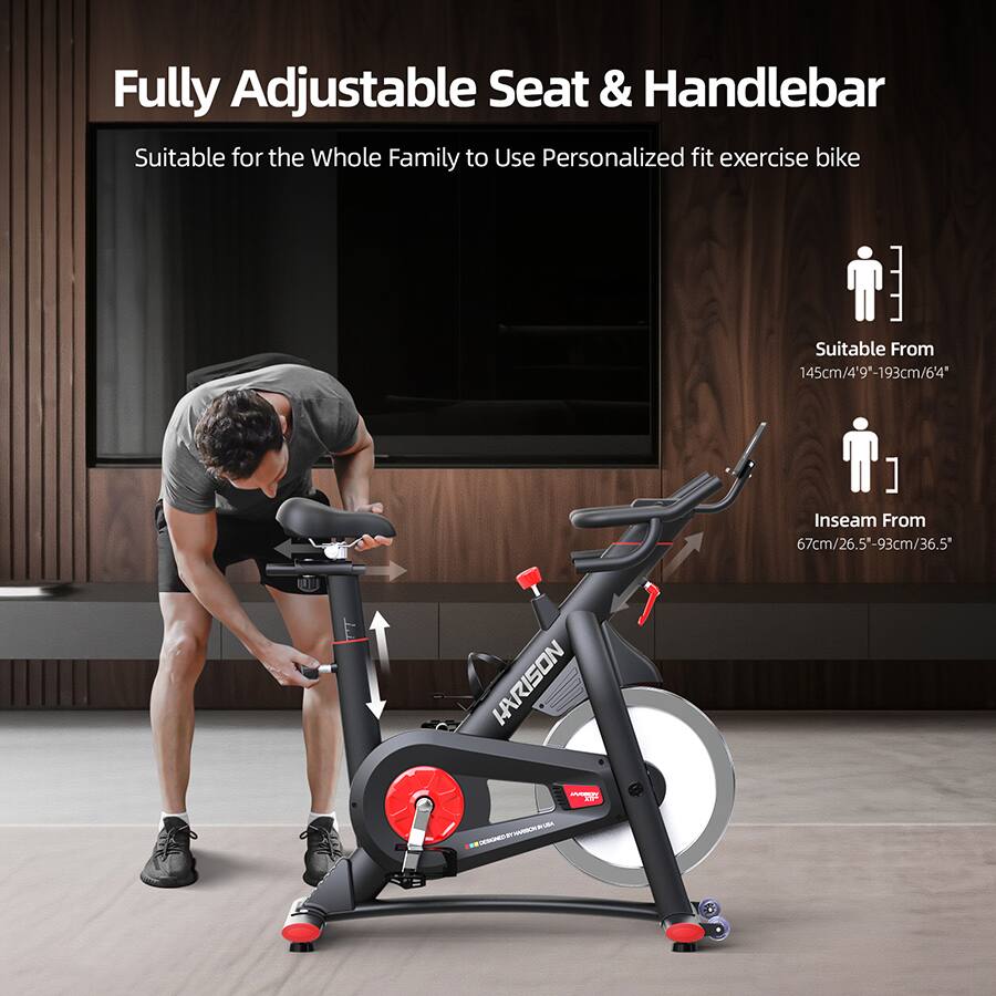 Fully Adjustable Seat & Handlebar  
Suitable for the Whole Family to Use Personalized fit exercise bike  

Suitable From  
145cm/4'9" - 193cm/6'4"  

Inseam From  
67cm/26.5" - 93cm/36.5"  

HRISON