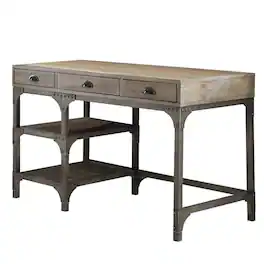 Manhattan Lane - Wood And Metal Desk With Three Drawers And Two Side Shelves, Oak - Brown And Gray