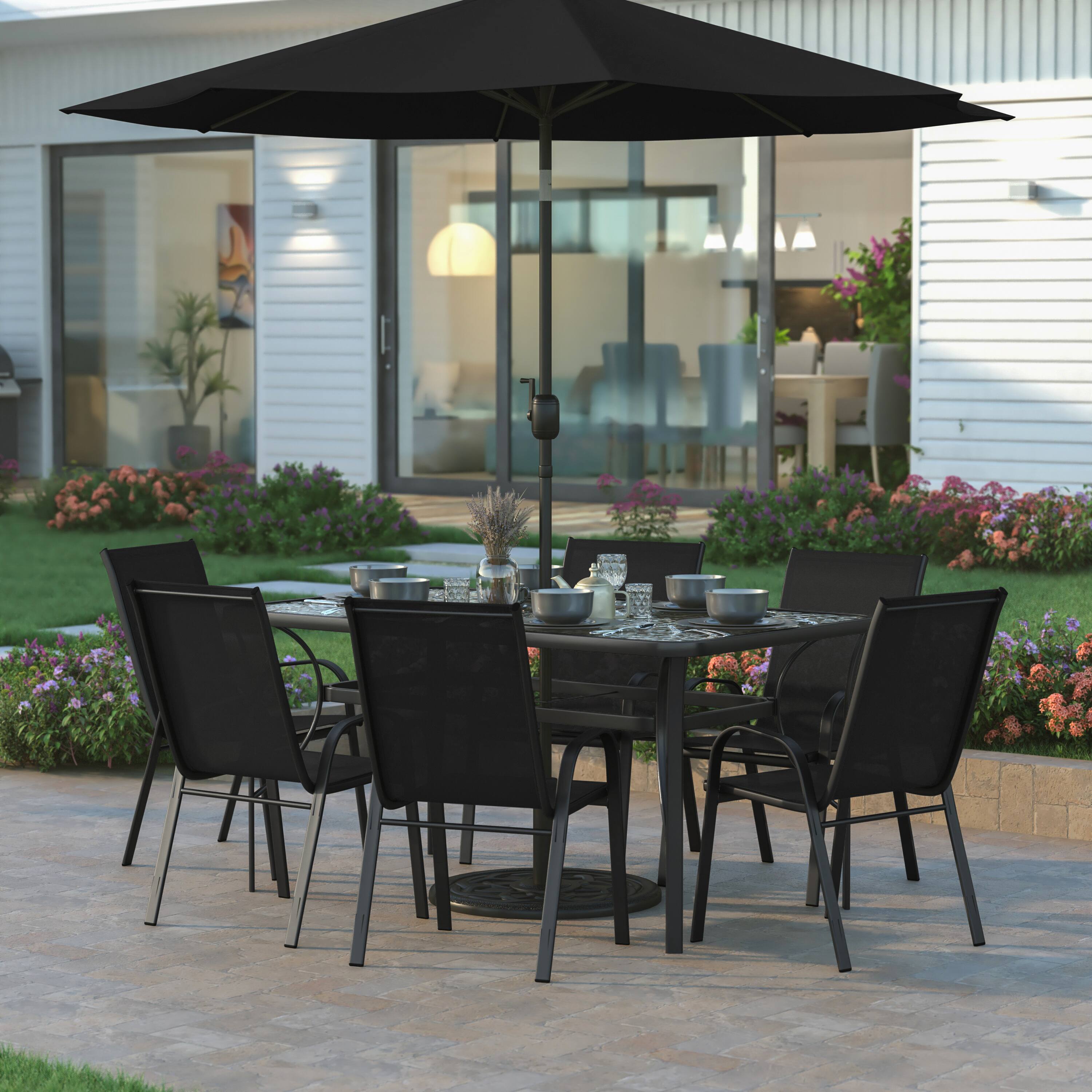 Alt View 1. Emma + Oliver - Bartlett 7 Piece Outdoor Dining Set with Tempered Glass Top Patio Table and 6 Flex Comfort Textilene Stacking Chairs - Black.
