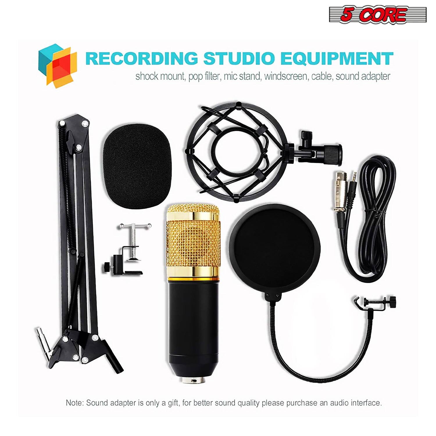 5 CORE RECORDING STUDIO EQUIPMENT  
shock mount, pop filter, mic stand, windscreen, cable, sound adapter  

Note: Sound adapter is only a gift, for better sound quality please purchase an audio interface.