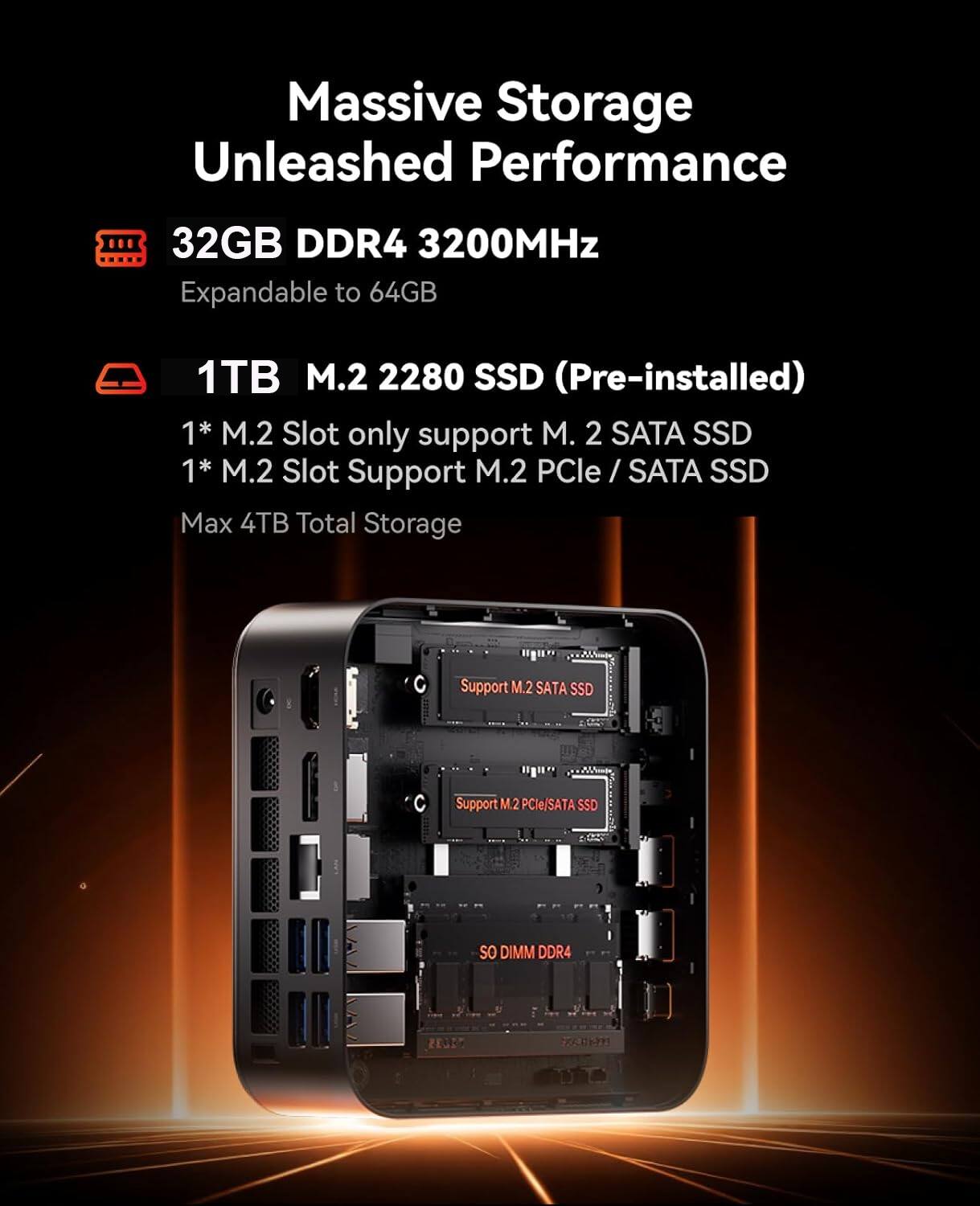 Massive Storage Unleashed Performance  
32GB DDR4 3200MHz  
Expandable to 64GB  
1TB M.2 2280 SSD (Pre-installed)  
1* M.2 Slot only support M.2 SATA SSD  
1* M.2 Slot Support M.2 PCIe / SATA SSD  
Max 4TB Total Storage  
Support M.2 SATA SSD  
Support M.2 PCIe/SATA SSD  
SO DIMM DDR4