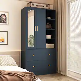 FUFU&GAGA - Small Wardrobe with Mirror for Bedroom Compact Closet with Hanging Rod, Drawer & Open Shelf Space-Saving Storage Cabinet - Dark Blue
