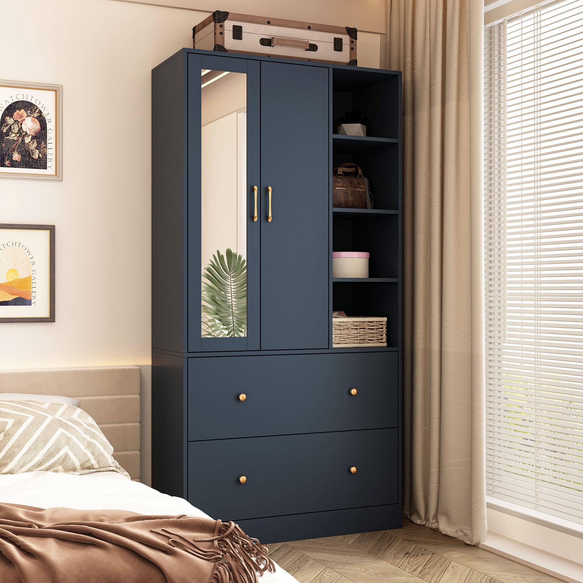 FUFU&GAGA - Small Wardrobe with Mirror for Bedroom Compact Closet with Hanging Rod, Drawer & Open Shelf Space-Saving Storage Cabinet - Dark Blue