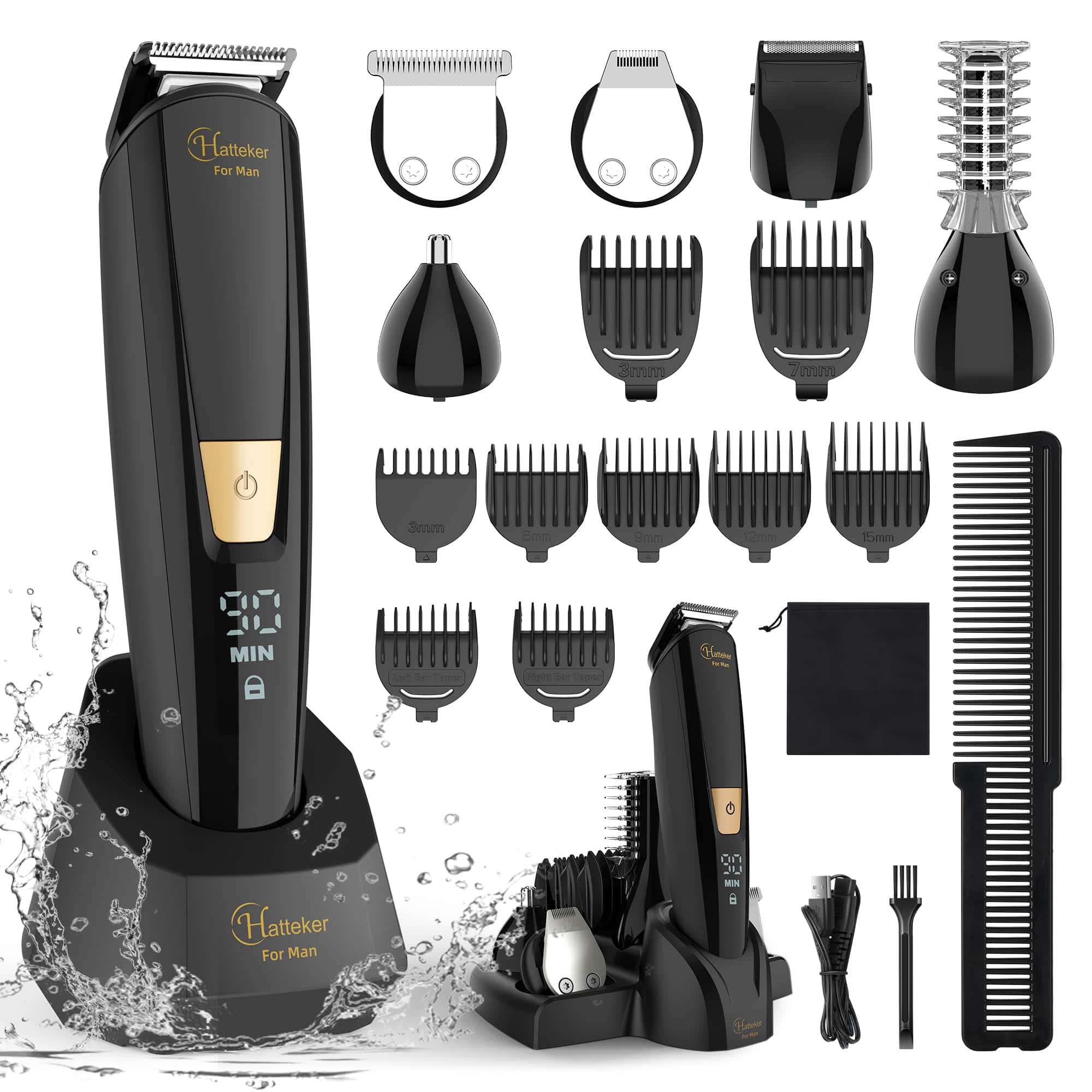HATTEKER - 6-in-1 Men's Grooming Kit, Body & Beard Trimmer, Hair Clipper, Waterproof, Digital Display, USB Rechargeable - Black