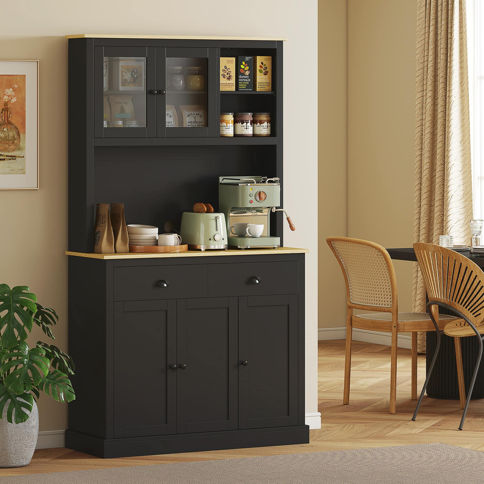 Homcom - Kitchen Cabinet, 71" Tall Pantry Cabinet, Modern Hutch with Wide Countertop - Black