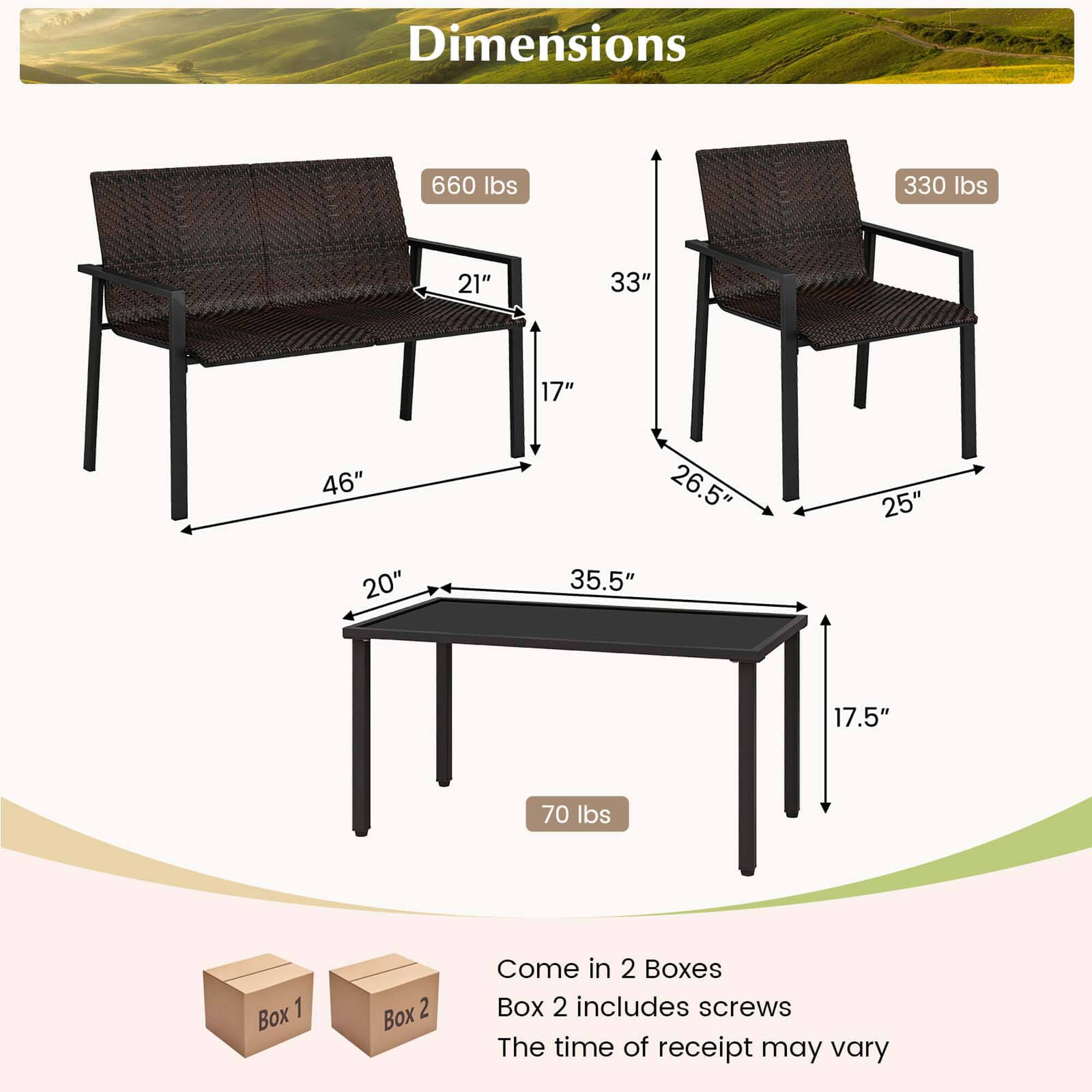 Dimensions: 660 lbs, 330 lbs, 21" x 33" x 17", 46" x 26.5" x 25", 20" x 35.5" x 17.5", 70 lbs.

Box 1: 660 lbs, 330 lbs, 21" x 33" x 17", 46" x 26.5" x 25", 20" x 35.5" x 17.5", 70 lbs.

Box 2: 21" x 33" x 17", 46" x 26.5" x 25", 20" x 35.5" x 17.5", 70 lbs.

Come in 2 Boxes: Box 1 and Box 2.

Box 2 includes screws.

The time of receipt may vary.