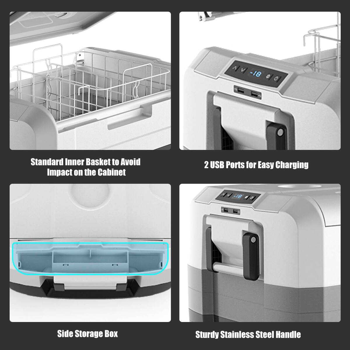 The image features a dishwasher with a side storage box, sturdy stainless steel handle, and two USB ports for easy charging. The dishwasher also has a standard inner basket to avoid impact on the cabinet.