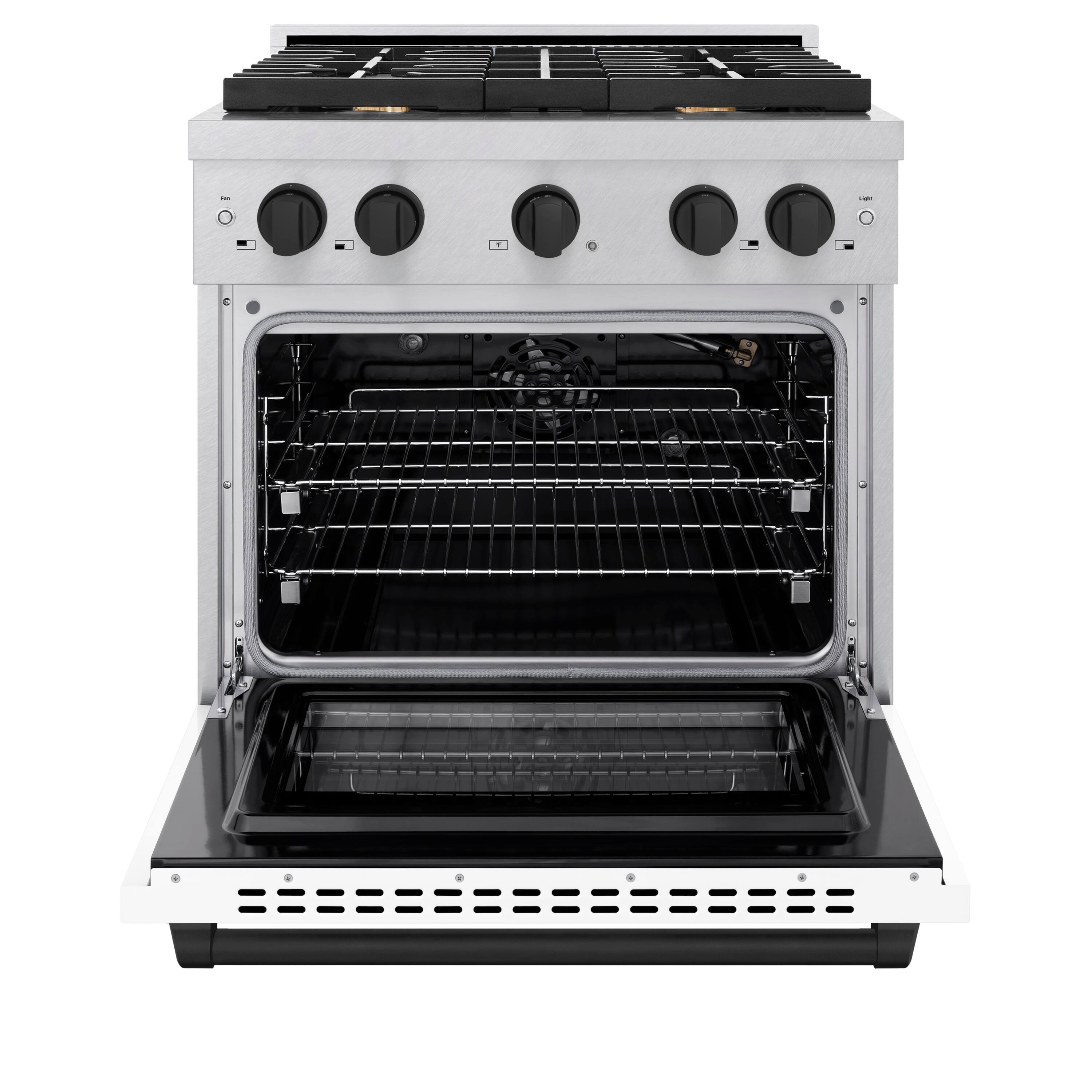 Angle. ZLINE - ZLINE Autograph 30 in. Paramount Satin Steel Gas Range w/ White Door & Black Accents (SGRSZ-WM-30-MB) - White.