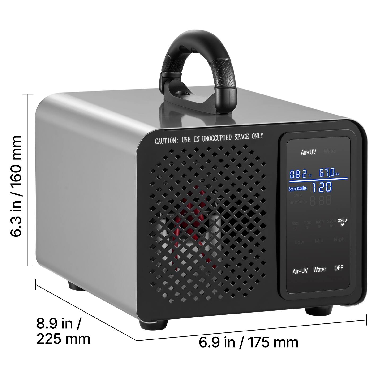 mm 160 in in / 160 / 6.3 UNOCCUPIED SPACE ONLY CAUTION: USE IN Air+UV Water 08 2  67.0  Space Sterilize 120   8.88 1300 2000 3200 100 100 d .  - . Low Mid High Air+UV Water OFF 8.9 in 225 mm 6.9 in / 175 mm