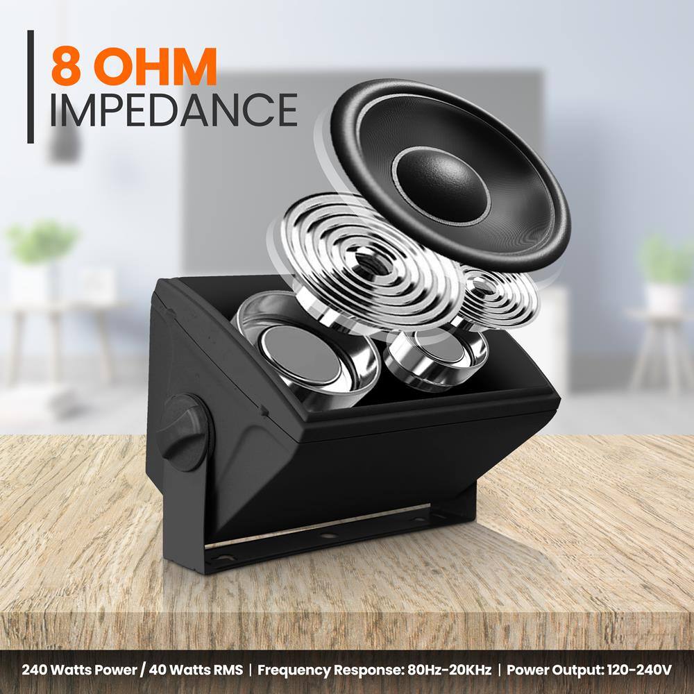 8 OHM IMPEDANCE

240 Watts Power / 40 Watts RMS | Frequency Response: 80Hz-20KHz | Power Output: 120-240V