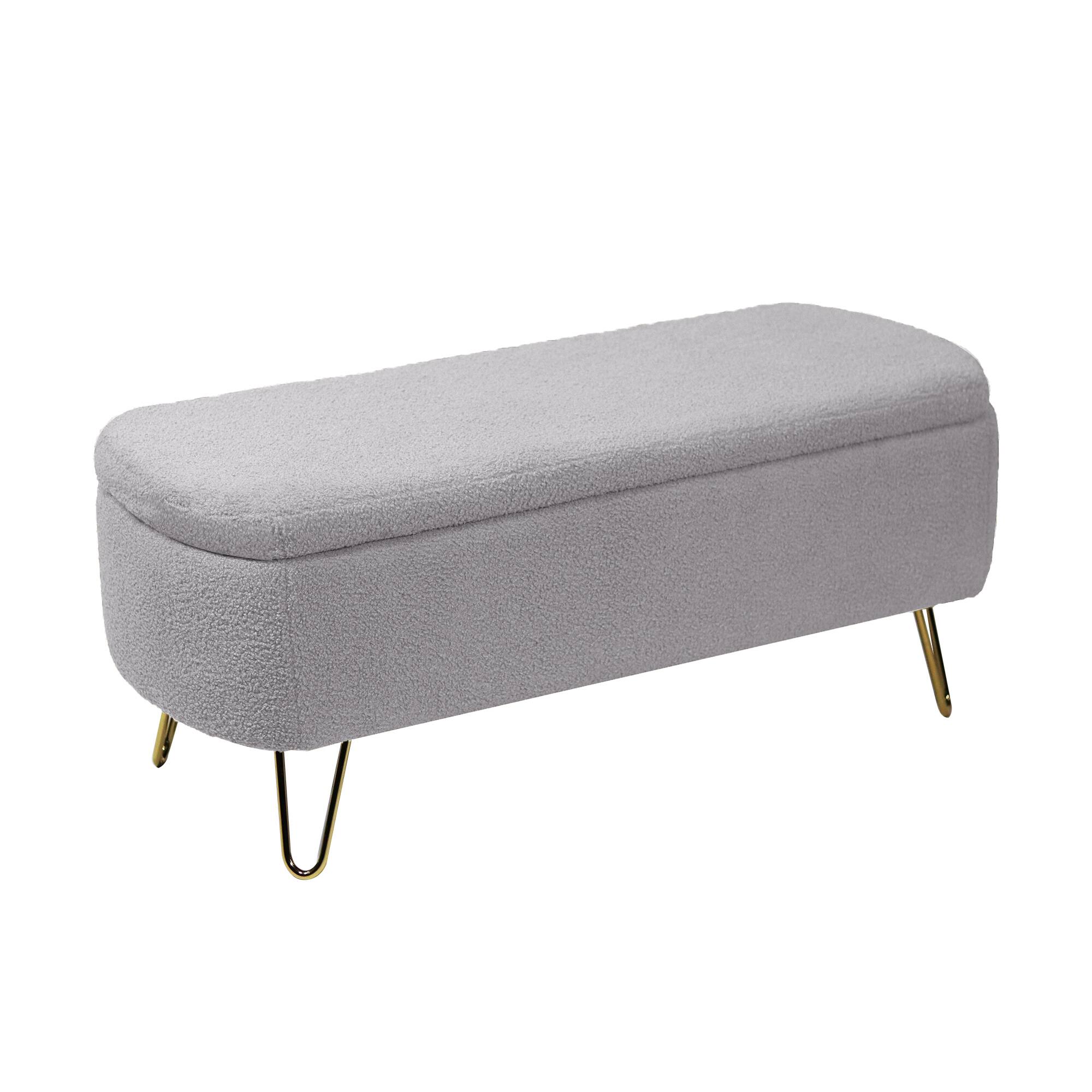 Angle. Lirago - 39" W Dressing Chair Storage Bench - Faux Fur Padded Upholstered with Gold Legs - Grey.