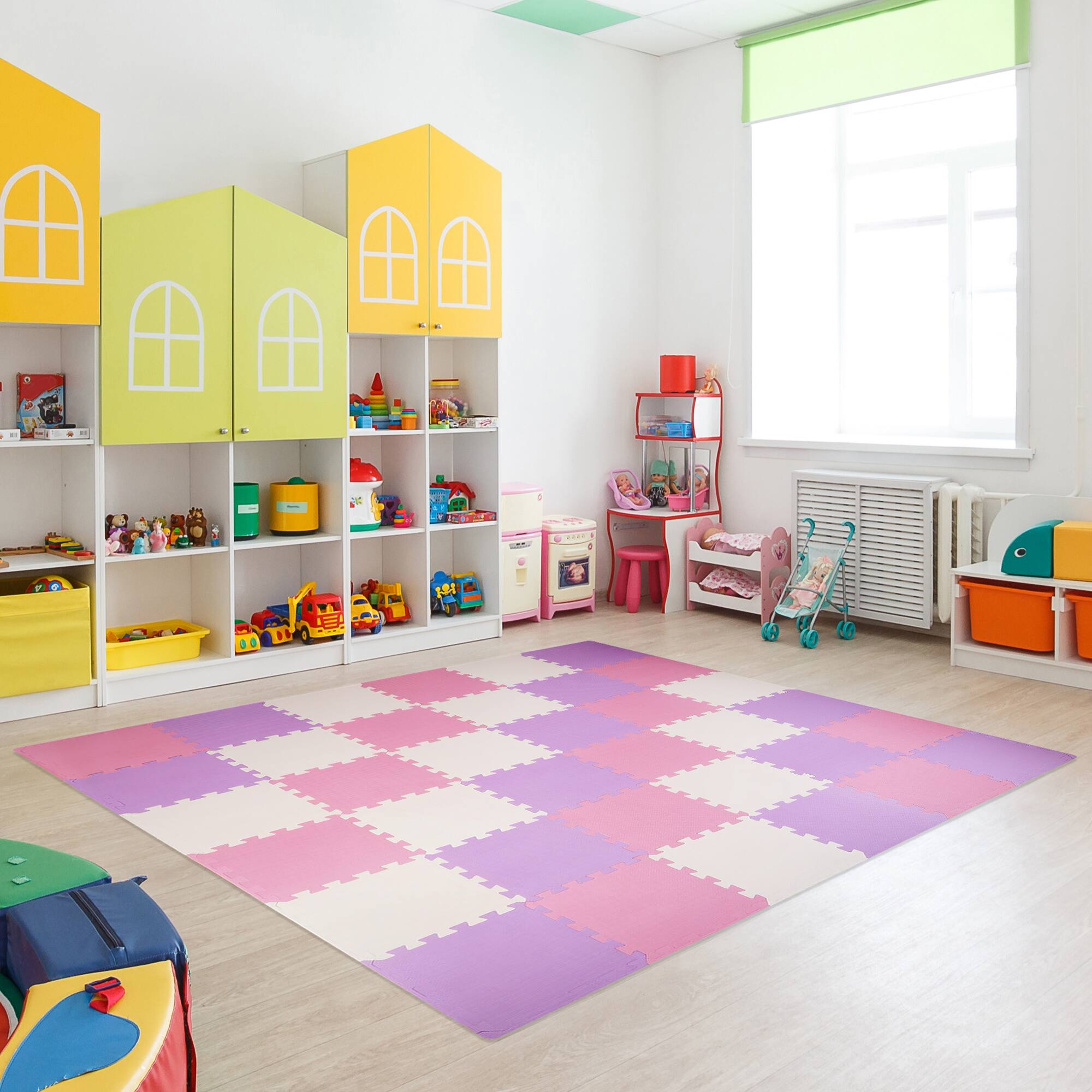 Alt View 5. BalanceFrom Fitness - BalanceFrom Fitness 16 Tile Thick Interlocking Puzzle Foam Exercise Play Mat - Pink/Purple/Beige.