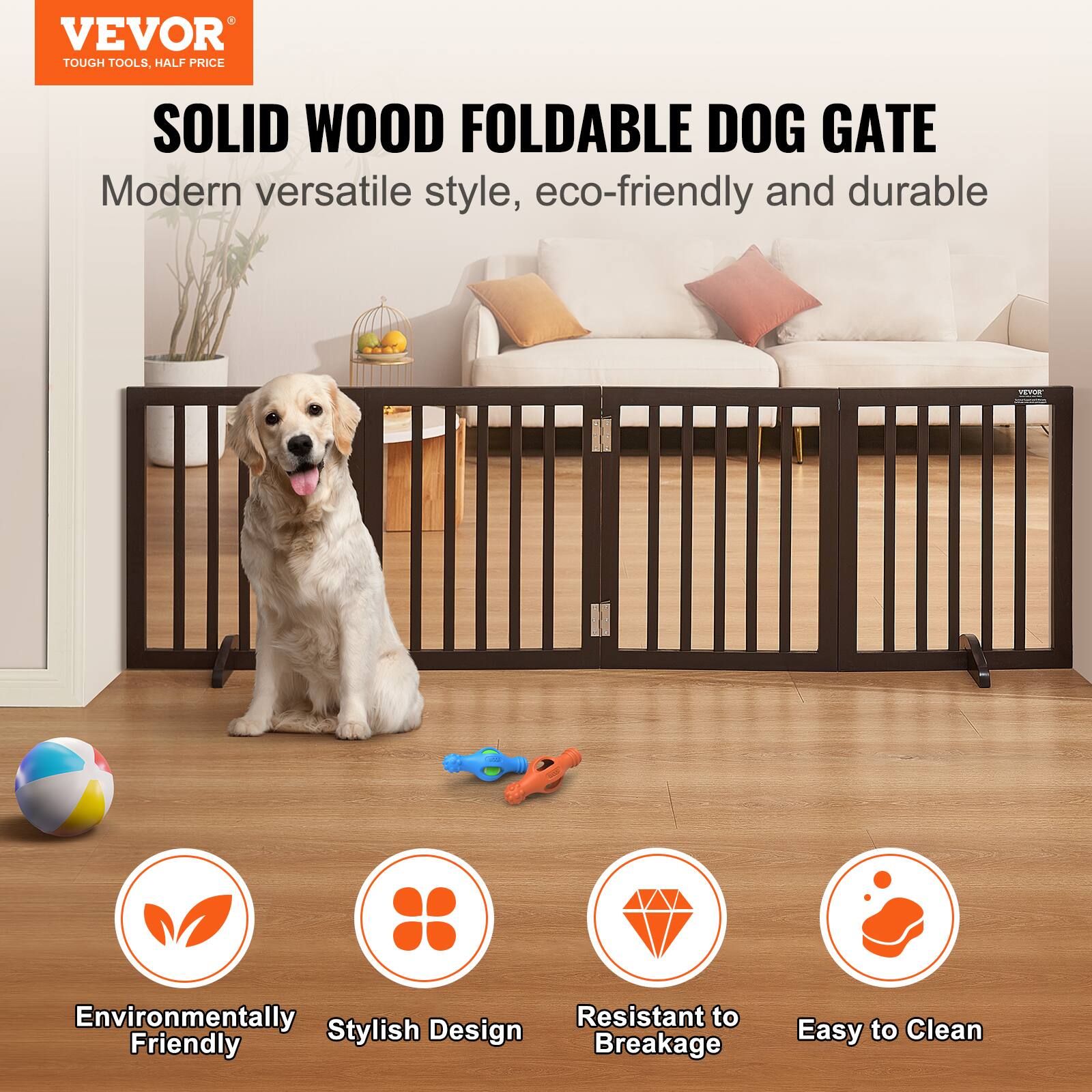 VEVOR TOUGH TOOLS, HALF PRICE SOLID WOOD FOLDABLE DOG GATE

Modern versatile style, eco-friendly and durable

Environmentally Friendly Stylish Design
Resistant to Breakage
Easy to Clean