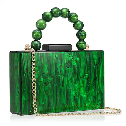 Front. Unique Bargains - Evening Clutch Bag, Acrylic Purse Marbling Handbag for Women Crossbody with Pearl Chain for Formal Wedding - Green.