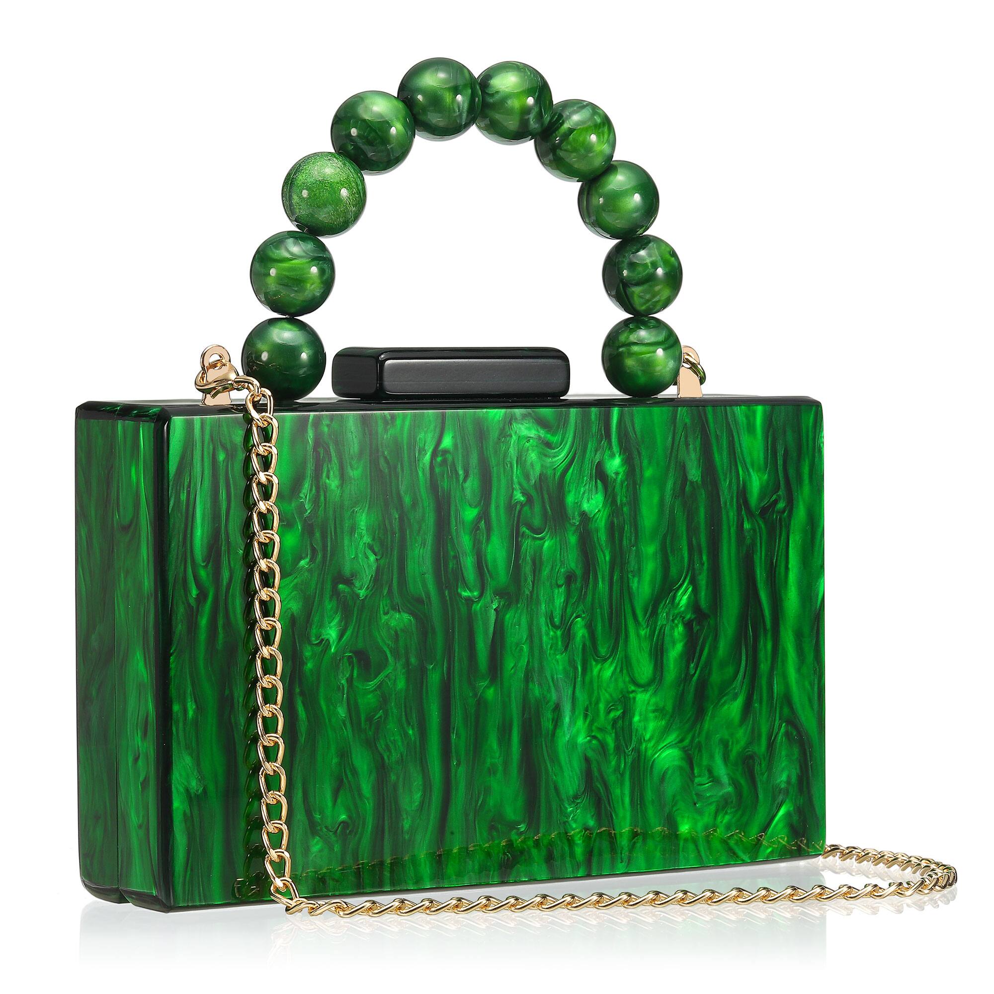 Front. Unique Bargains - Evening Clutch Bag, Acrylic Purse Marbling Handbag for Women Crossbody with Pearl Chain for Formal Wedding - Green.