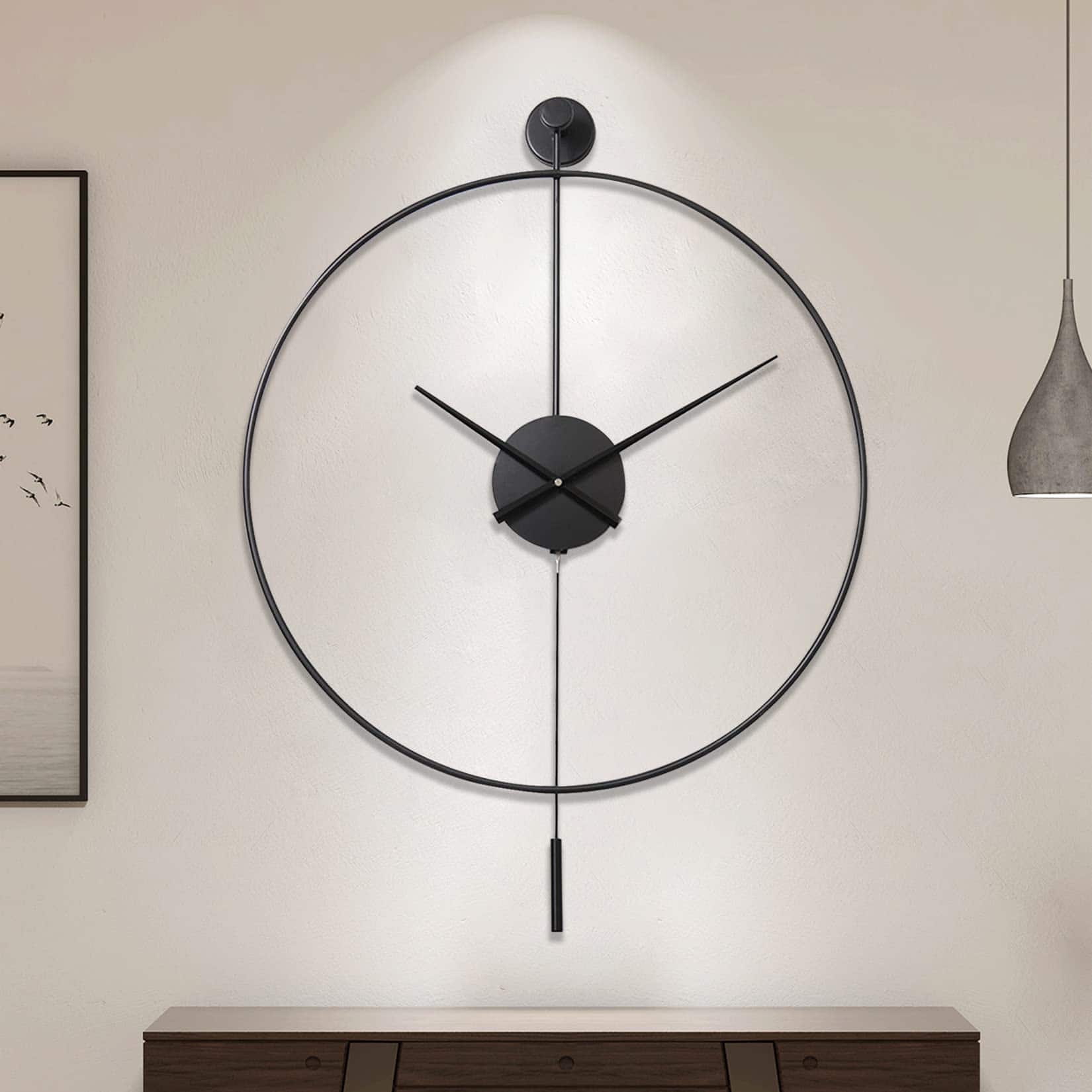 DORLUKFU - Classical Large Decorative Wall Clock with Pendulum, Modern Non-Ticking Silent Metal Wall Clocks for Living Room - Black