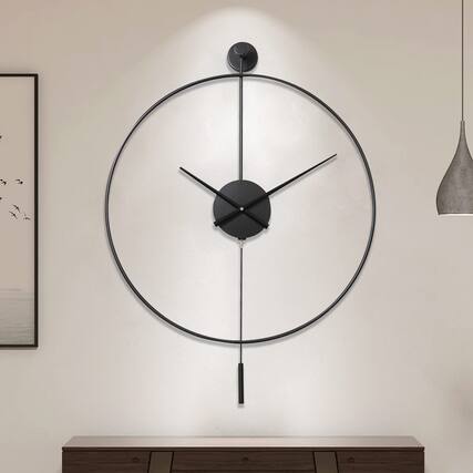 Front. Vulpecula Spade - Classical Large Decorative Wall Clock with Pendulum, Modern Non-Ticking Silent Metal Wall Clocks for Living Room, - Black.