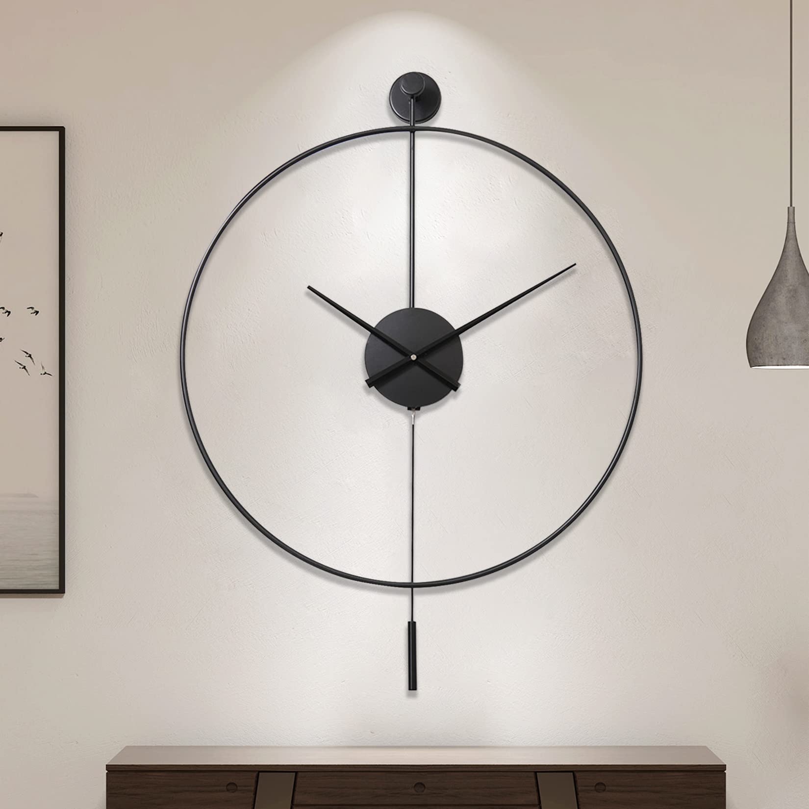 Front. Vulpecula Spade - Classical Large Decorative Wall Clock with Pendulum, Modern Non-Ticking Silent Metal Wall Clocks for Living Room, - Black.
