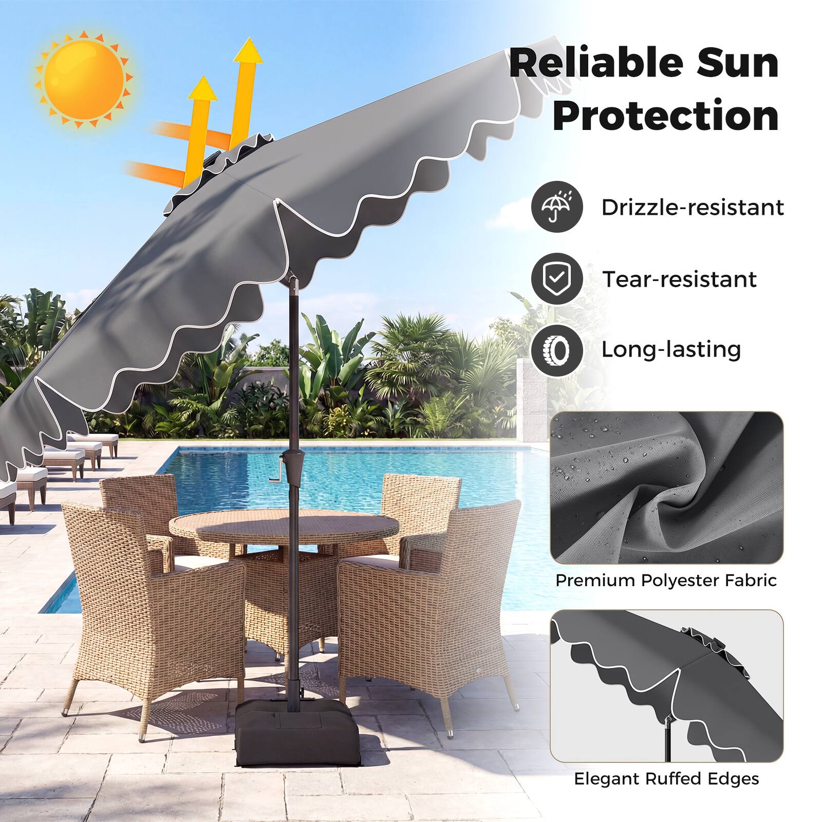 Reliable Sun Protection  
Drizzle-resistant  
Tear-resistant  
Long-lasting  
Premium Polyester Fabric  
Elegant Ruffed Edges