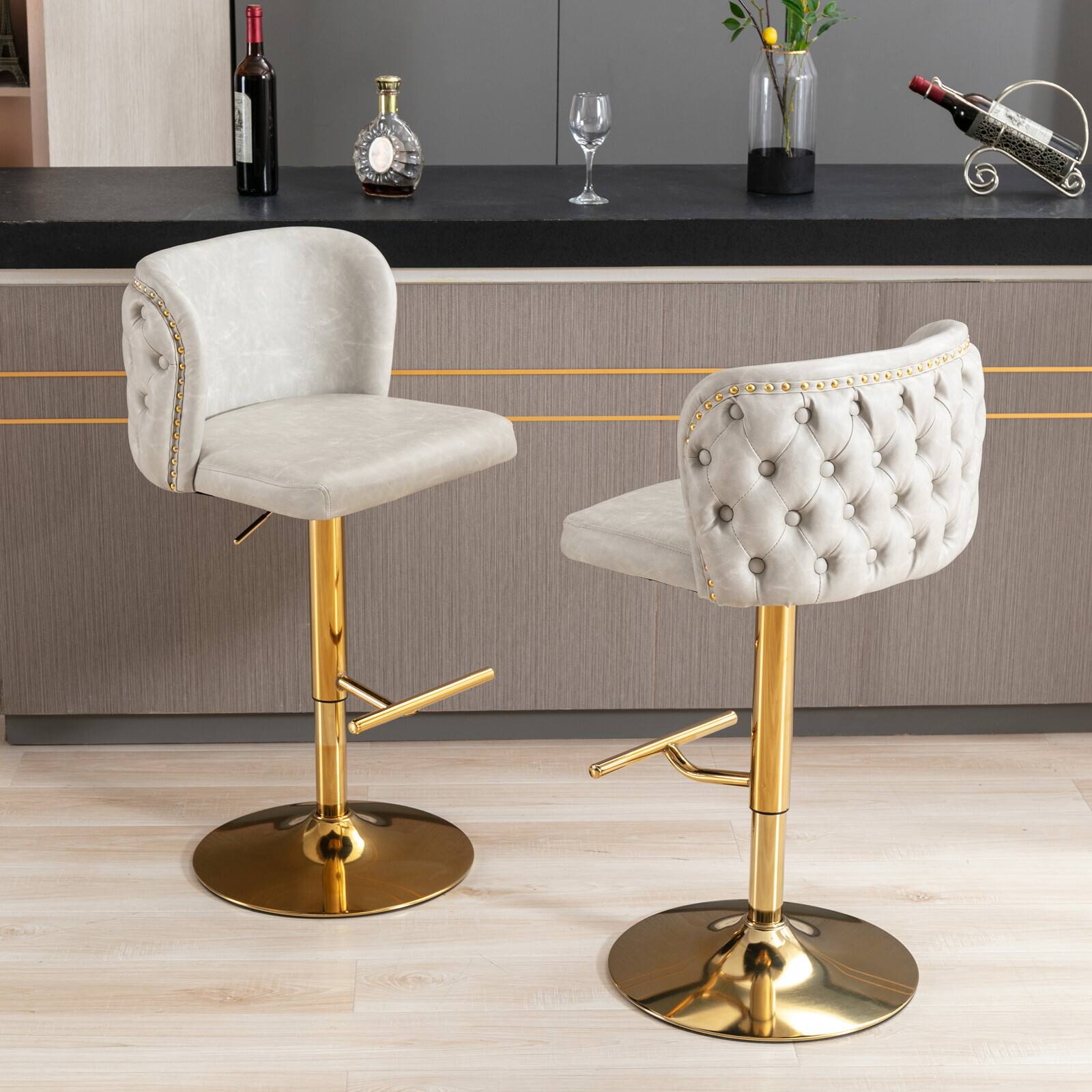 Angle. Trinkets Crazed - Swivel Barstools Set of 2, Adjusatble Seat Height with Gold-Plating Base, Classic PU Upholstered Bar Stools - Beige.
