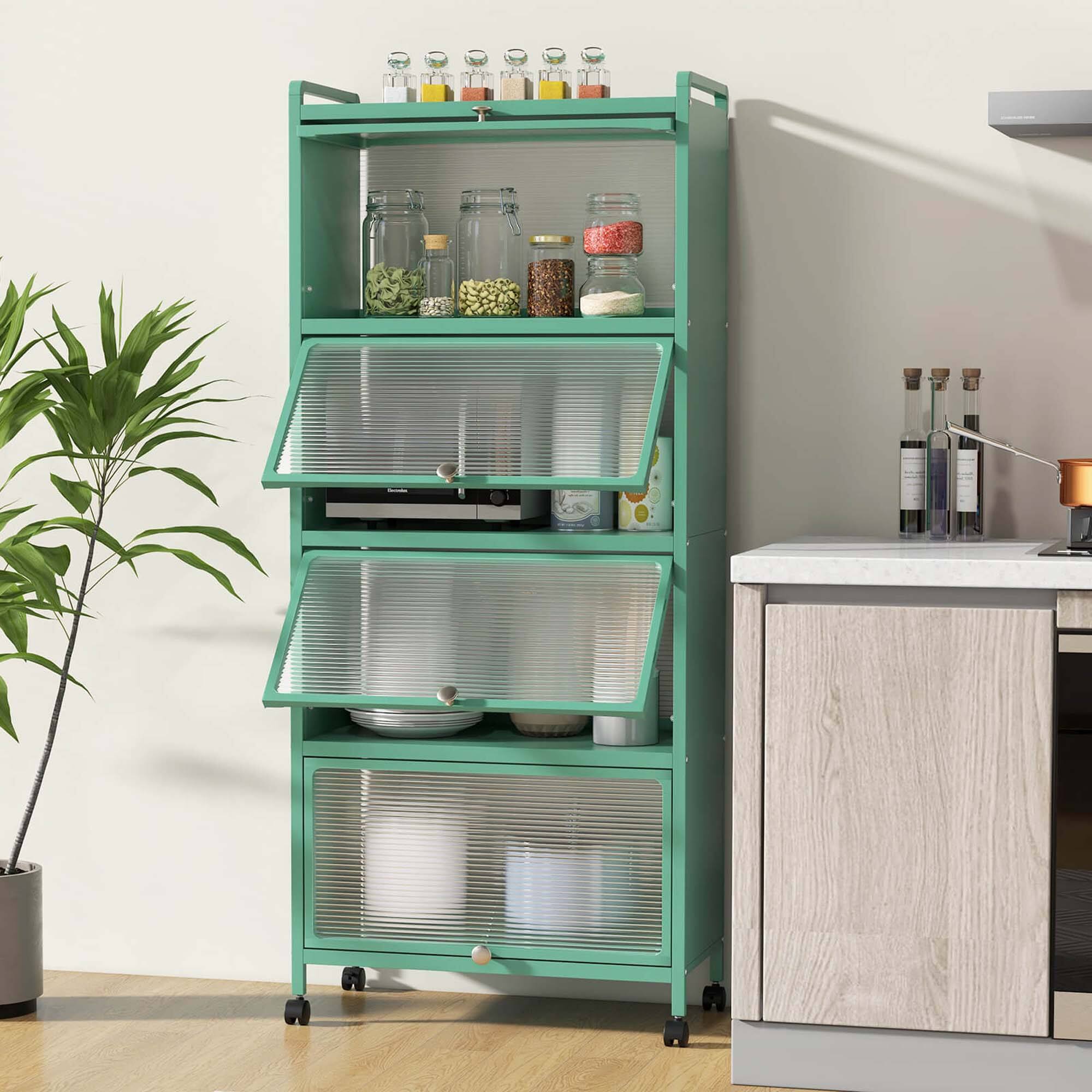 Alt View 3. Costway - Costway 5-Tier Kitchen Baker's Rack Storage Cabinet Mobile Microwave Stand Flip-up Doors Green - Green.