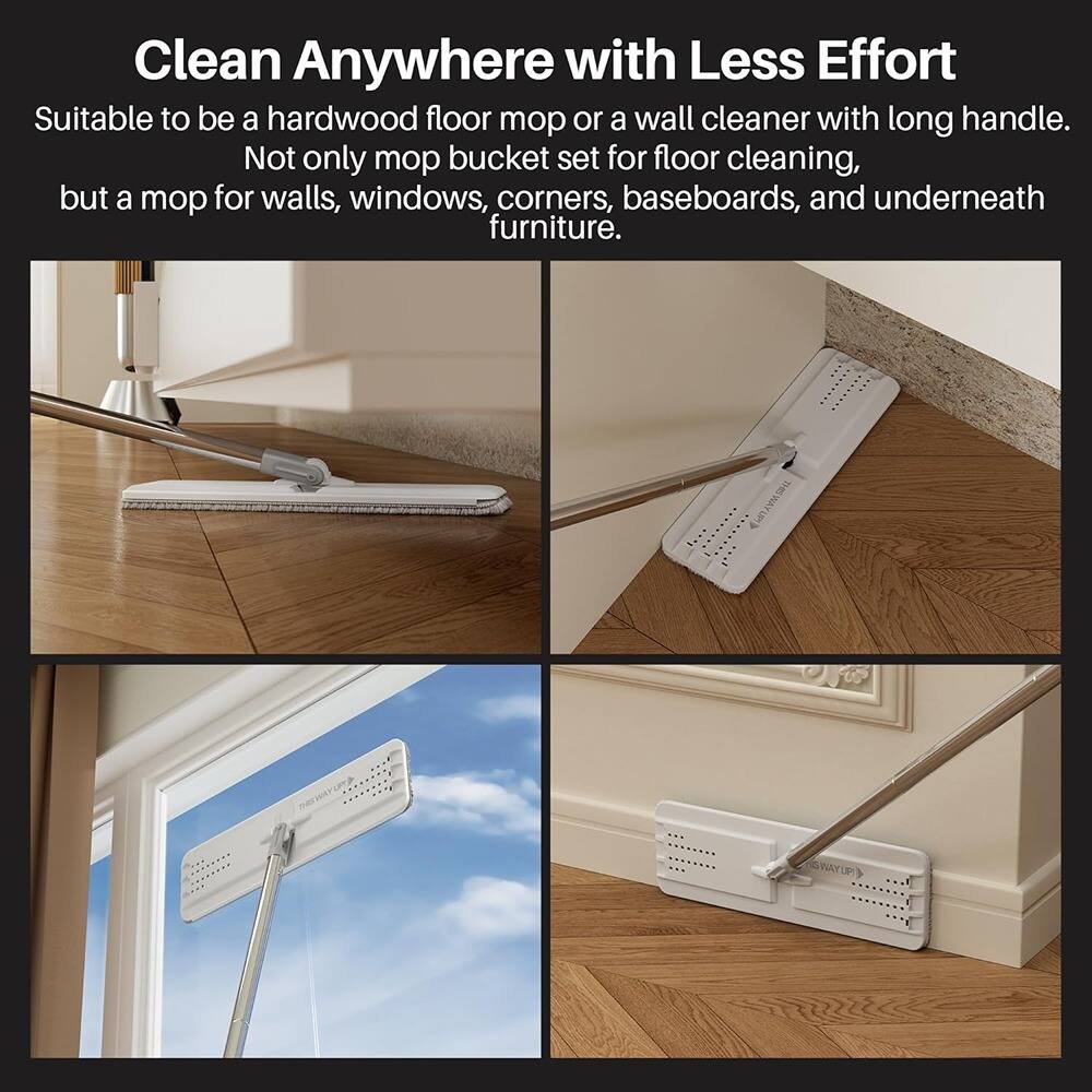 Clean Anywhere with Less Effort

Suitable to be a hardwood floor mop or a wall cleaner with long handle. Not only mop bucket set for floor cleaning, but a mop for walls, windows, corners, baseboards, and underneath furniture.