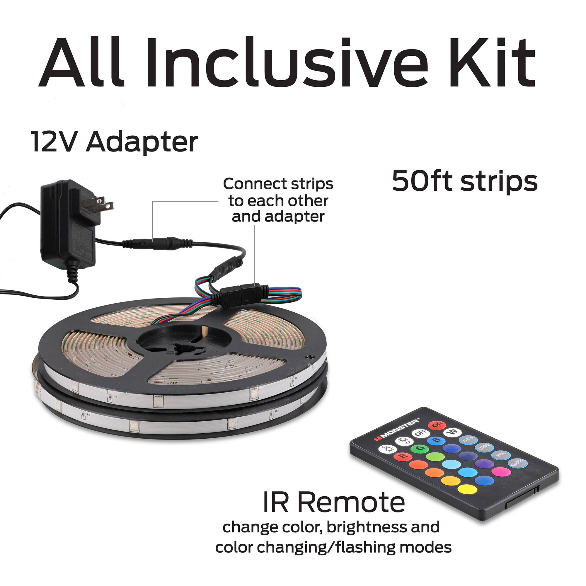All Inclusive Kit

12V Adapter  
Connect strips to each other and adapter

50ft strips

IR Remote  
change color, brightness and color changing/flashing modes