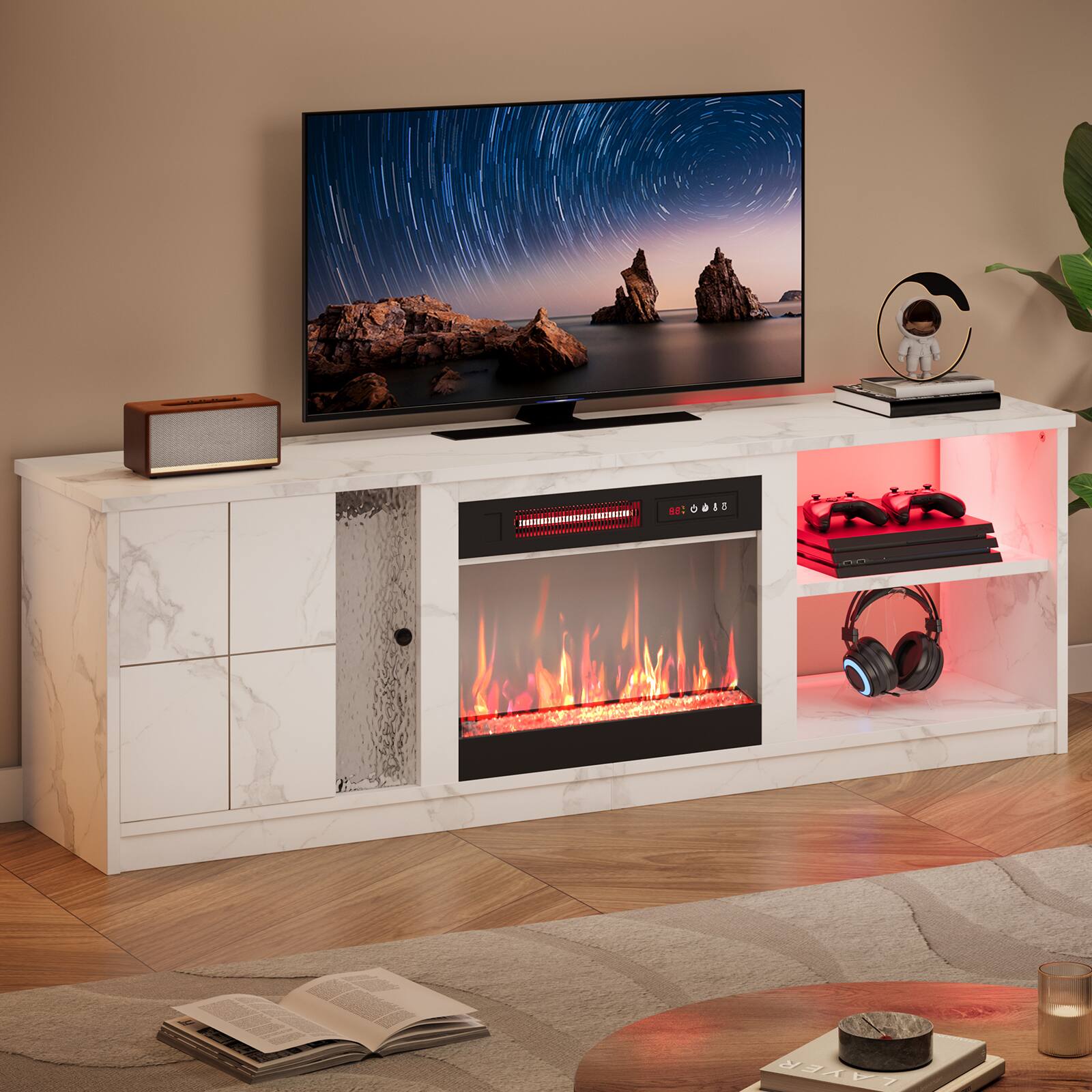 Pinmoco - 63" Electric Fireplace LED TV Stand for up to 70" TVs with Cabinet & Shelves - Thumbnail 2