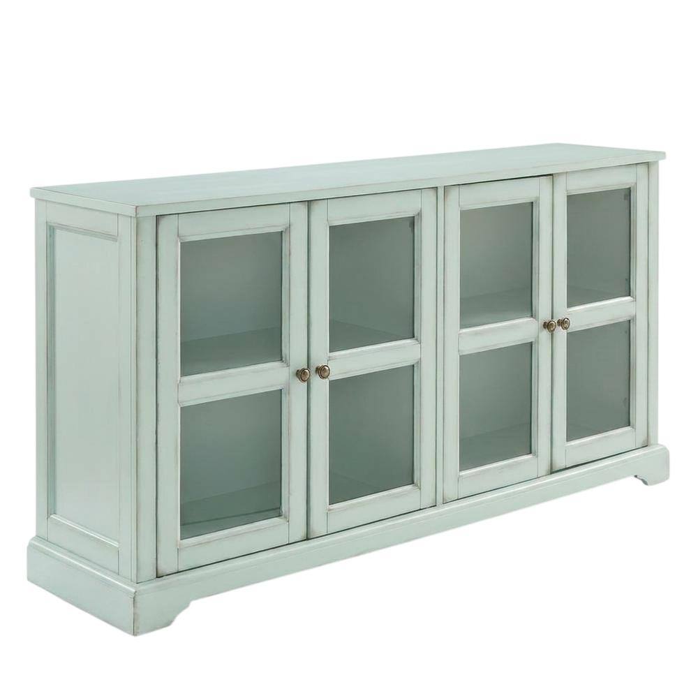 Front. Crosley Furniture - Holbrook Glass Door Sideboard - Distressed Seafoam Blue.