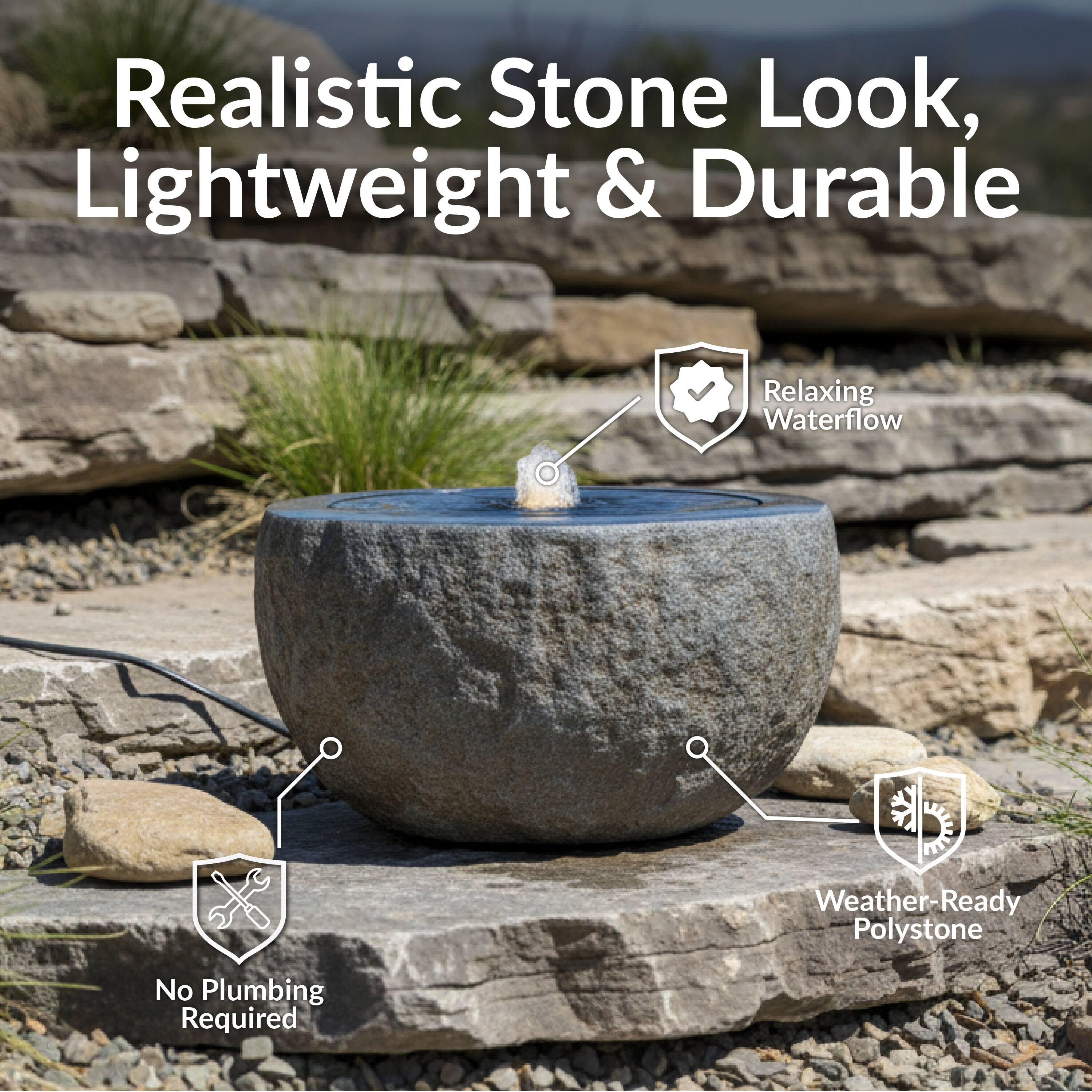 Realistic Stone Look, Lightweight & Durable

- Relaxing Waterflow
- No Plumbing Required
- Weather-Ready Polystone