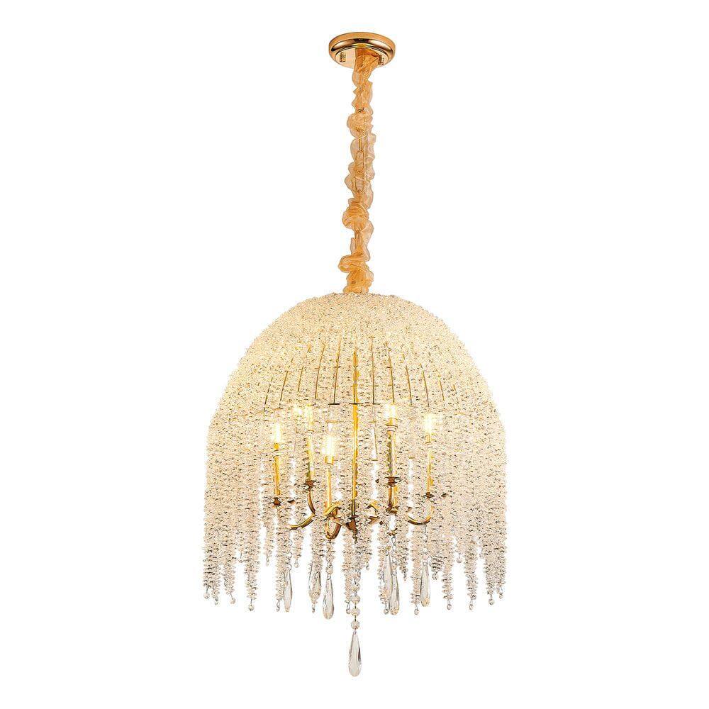 Angle. Kadyn - 20 Inch 6-Light Crystal Pendant Light Chandelier– Elegant Waterfall Design with Grape-Shaped Crystal Bead Strings, Gold - Gold.
