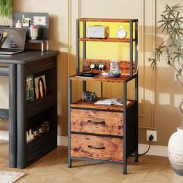 Furnulem - Nightstand with 2 Drawers Outlets Bedside Tables with USB Ports Open Shelf - Brown
