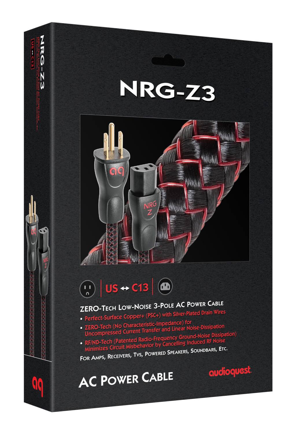The text on the image reads: "AC Power Cable NRG-Z3 3-Pole 3-AC Power Cable Zero-Tech Low-Noise Silver-Plated Drain Wires Copper+ (PSC+) with Perfect-Surface Characteristic-Impedance) for ZERO-Tech (No and Linear Noise-Dissipation Linear Current Transfer Uncompressed Ground-Noise Dissipation) (Patented Radio Frequency RF Noise RF/ND-Tech by Cancelling Induced Minimizes Circuit Misbehavior ETC. POWERED SPEAKERS, SOUNDBARS, AMPS, RECEIVERS, Tvs, FOR CABLE audioquest AC POWER."