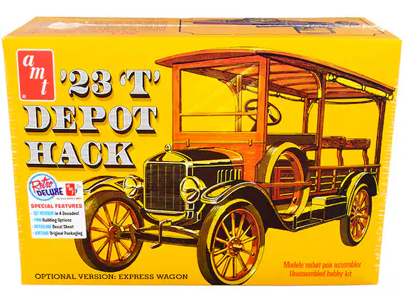 Sure, here is the corrected and grouped text from the image:
---
**a m t**
**'23 'T' DEPOT HACK**
**Retro DELUXE**
**SPECIAL FEATURES:**
- 1ST REISSUE in 4 Decades!
- TWO Building Options
- DETAILING Decal Sheet
- VINTAGE Original Packaging
**OPTIONAL VERSION: EXPRESS WAGON**
**Model réduit pour assembler**
**Unassembled hobby kit**
---