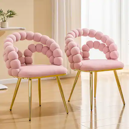 Front. Loheer - Loheer Velvet Dining Chair Set of 2, Pink Bubble Back Accent Chair with Gold Metal Legs, 1.92 ft Wide Vanity Chair - Gold,Pink.