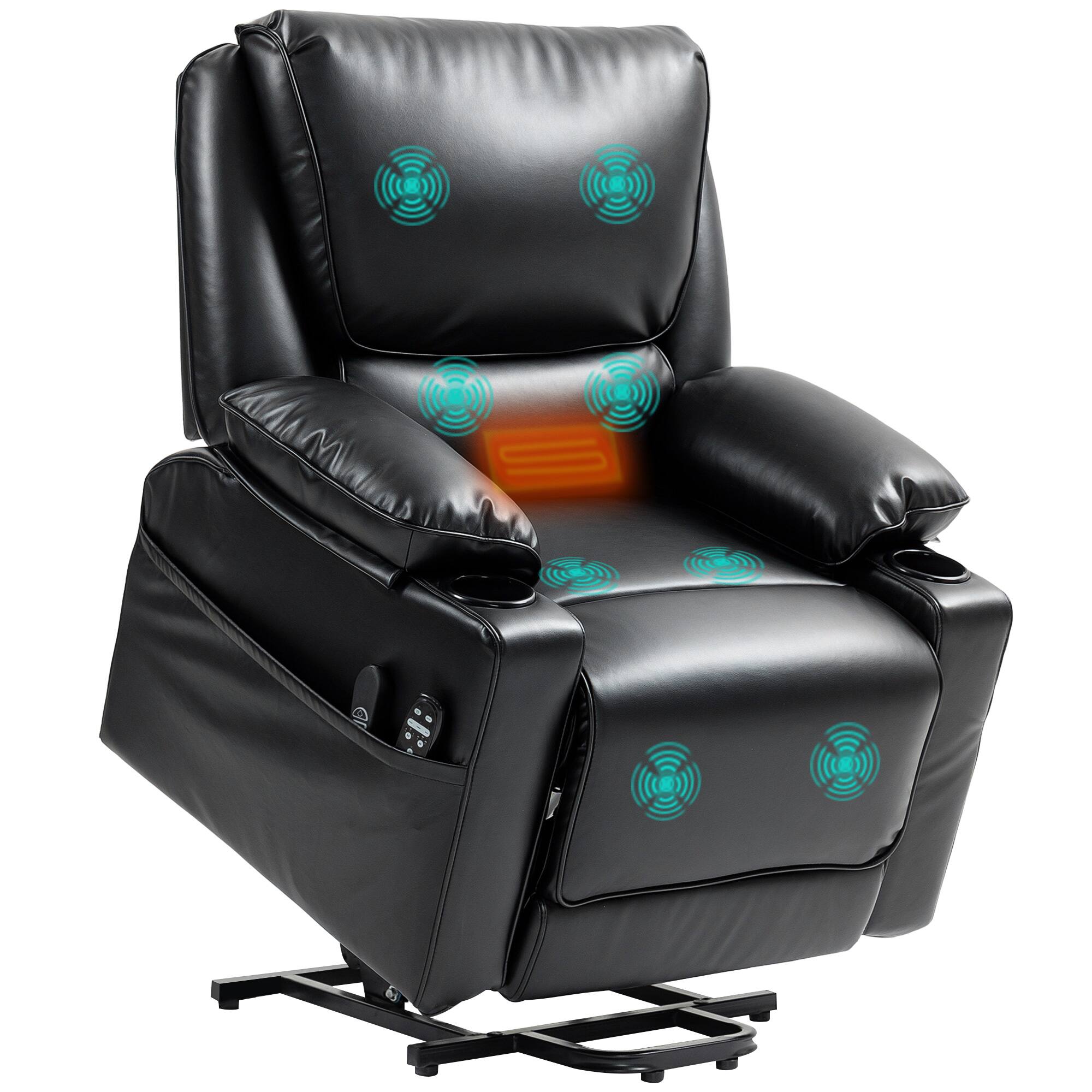 Front. Homcom - Power Lift Recliner Chair - Wide Faux Leather w/ Massage+Heat & Remote | USB Pockets for Elderly - Black.