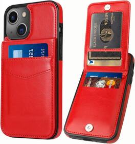 Entronix - Slim Leather Wallet Case for iPhone 15 Plus with 6 Slot Card Holder - Red