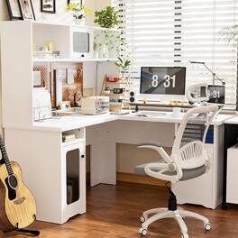 Aheaplus - L Shaped Desk with Hutch, 60'' Corner Desk Workstation with Charging Station and File Cabinet - White