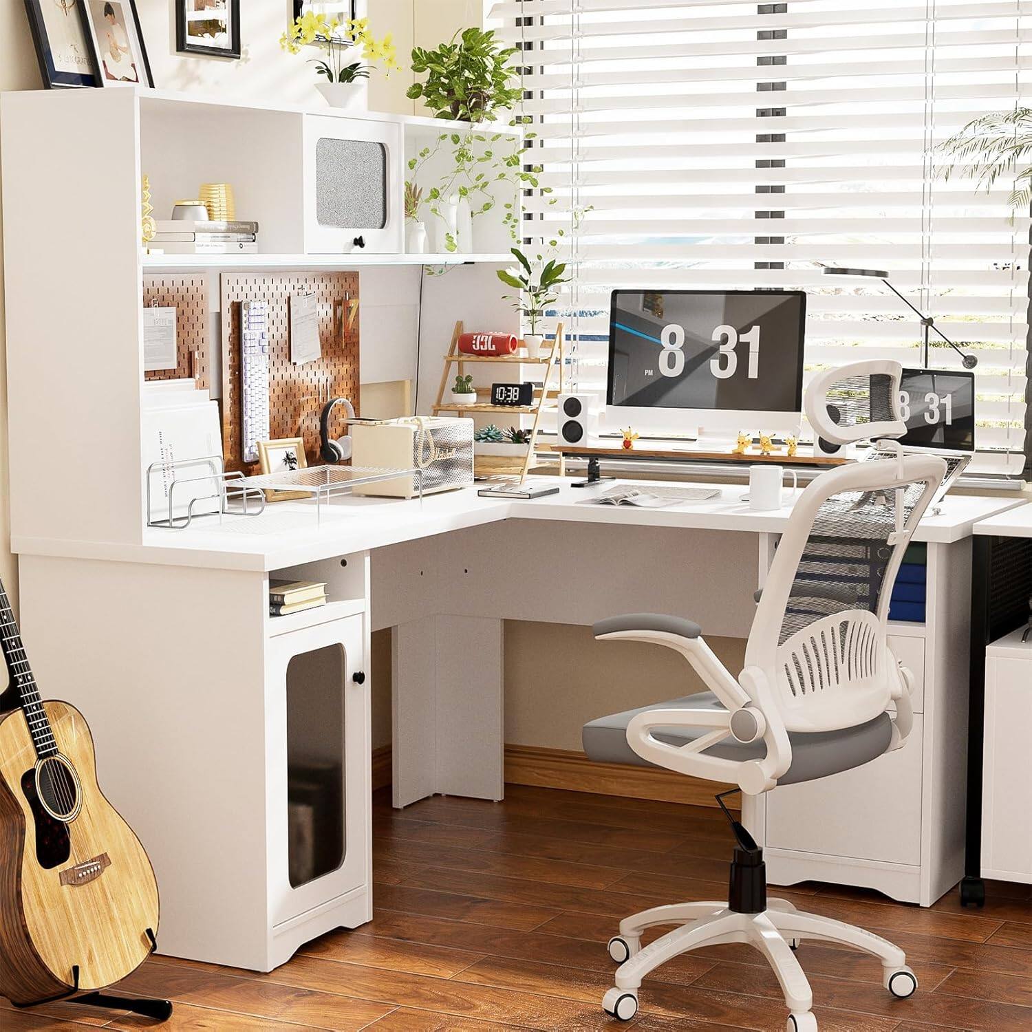 Front. Aheaplus - L Shaped Desk with Hutch, 60'' Corner Desk Workstation with Charging Station and File Cabinet - White.