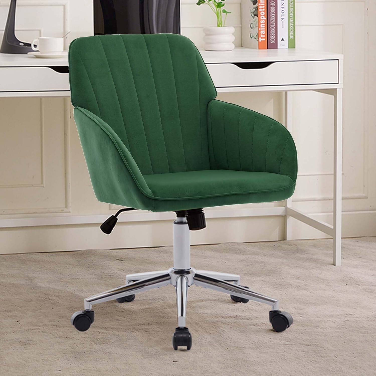Trinkets Crazed - 24.6" Velvet Office Chair, Ergonomic Swivel Desk Chair with Memory Foam Seat - Adjustable Height Computer Chair - Green