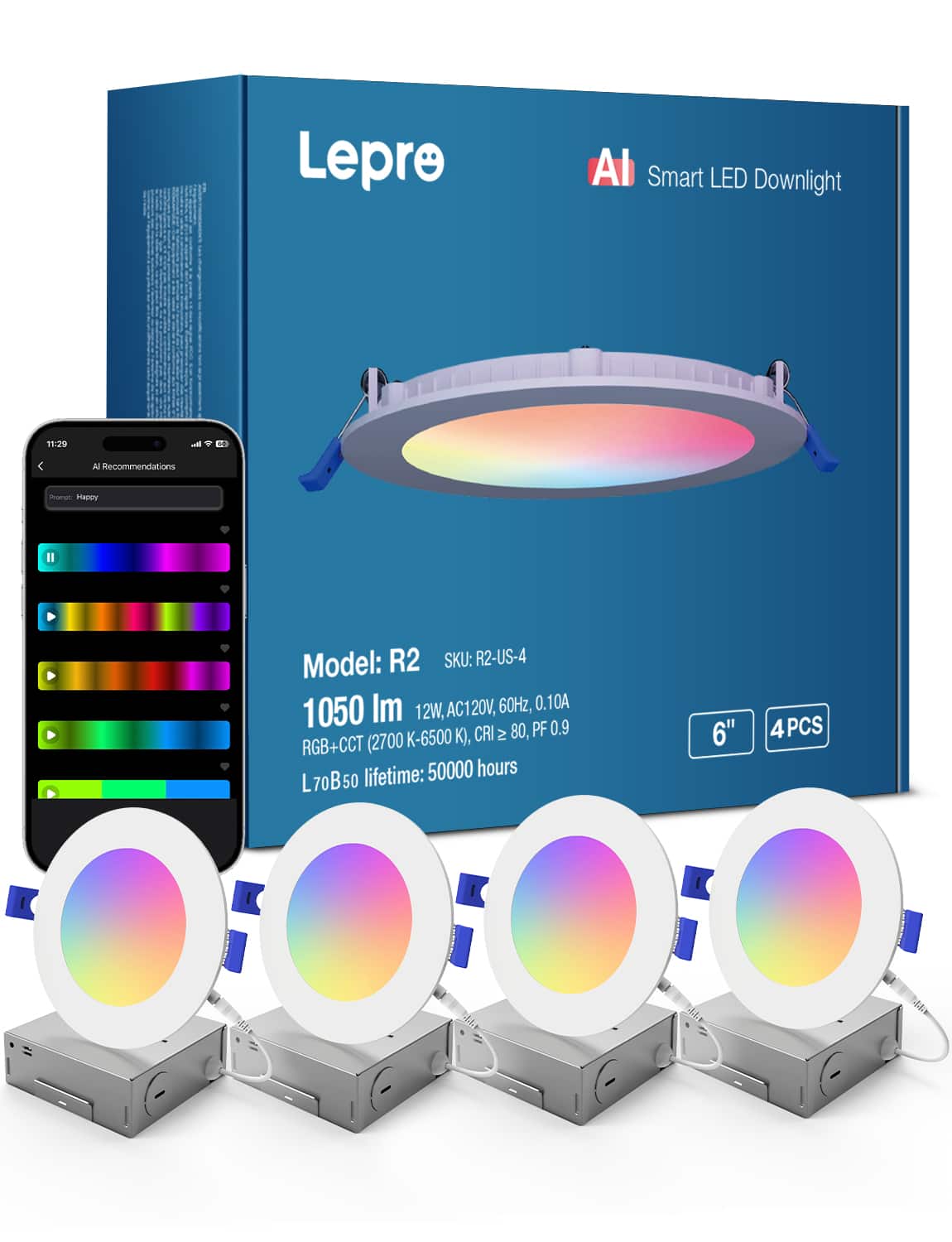 Lepro - R2 AI LED Recessed Light, 6in. 12W 1050lm, RGBCW Dimmable - 4 Pack - Multi-color