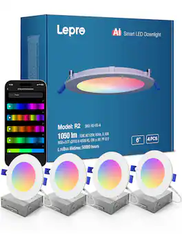 Lepro - R2 AI LED Recessed Light, 6in. 12W 1050lm, RGBCW Dimmable - 4 Pack - Multi-color
