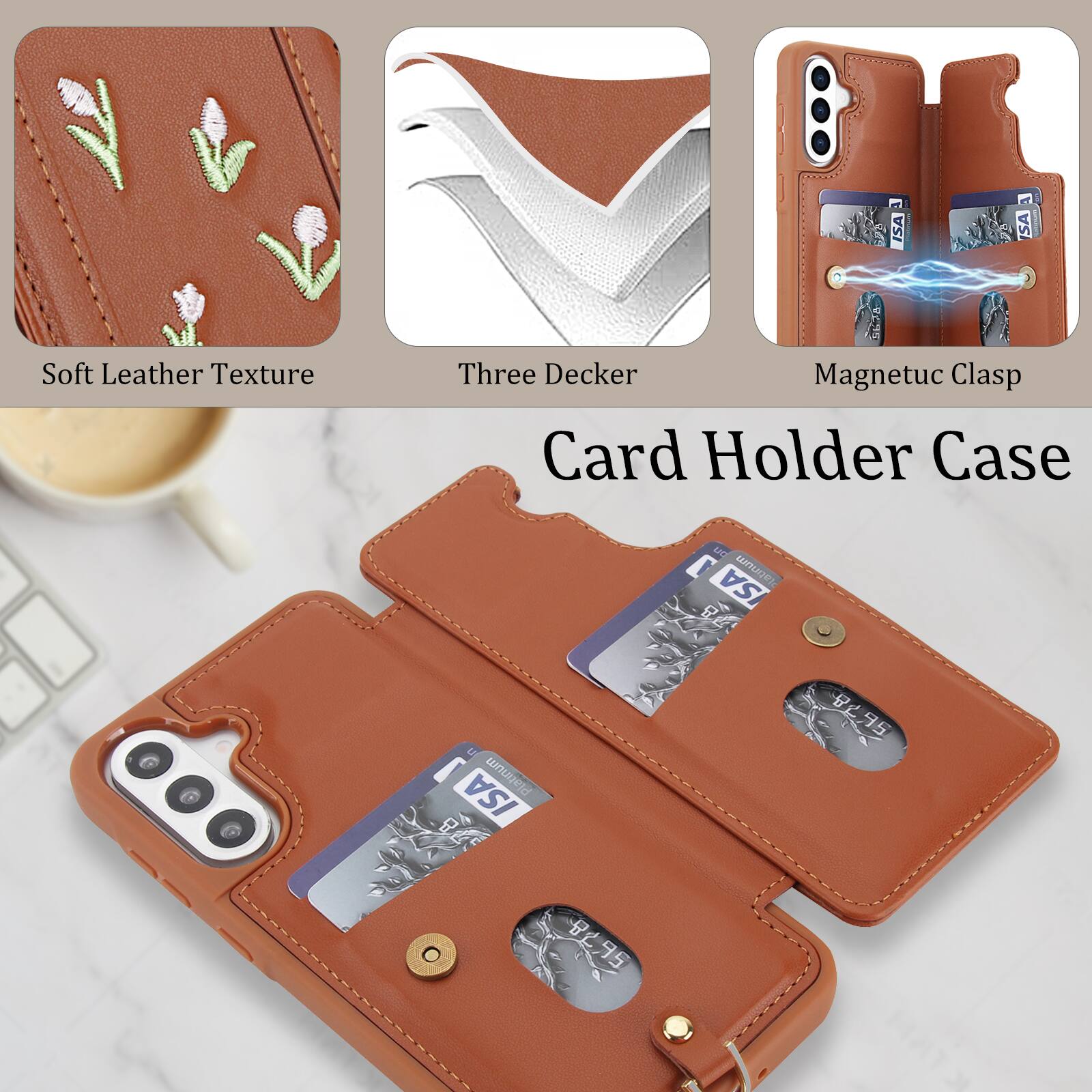 ISA ef SA Soft Leather Texture V Three Decker Magnetic Clasp Card Holder Case LIC C curages ISA FO ISA wnueld FO B 95 95 d 895 P
